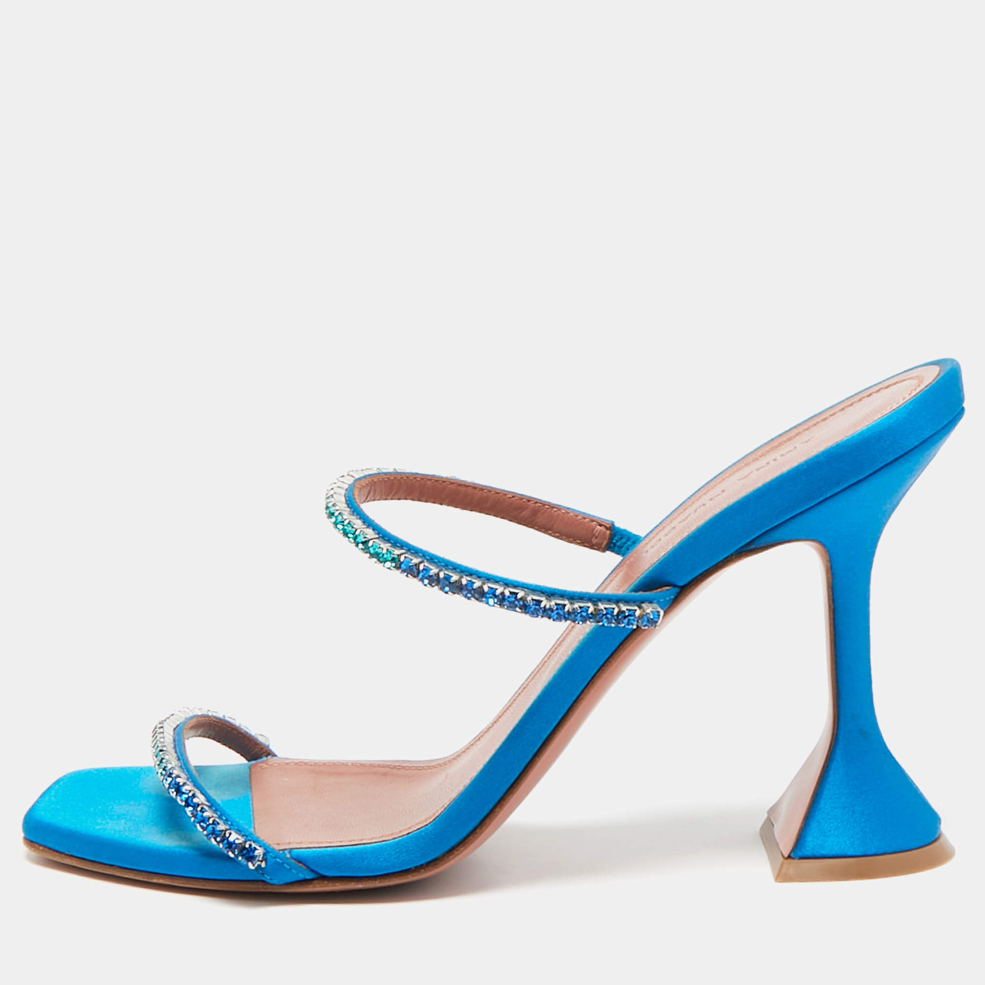 Amina Muaddi Blue Satin Crystal Gilda Sandals Size 38
