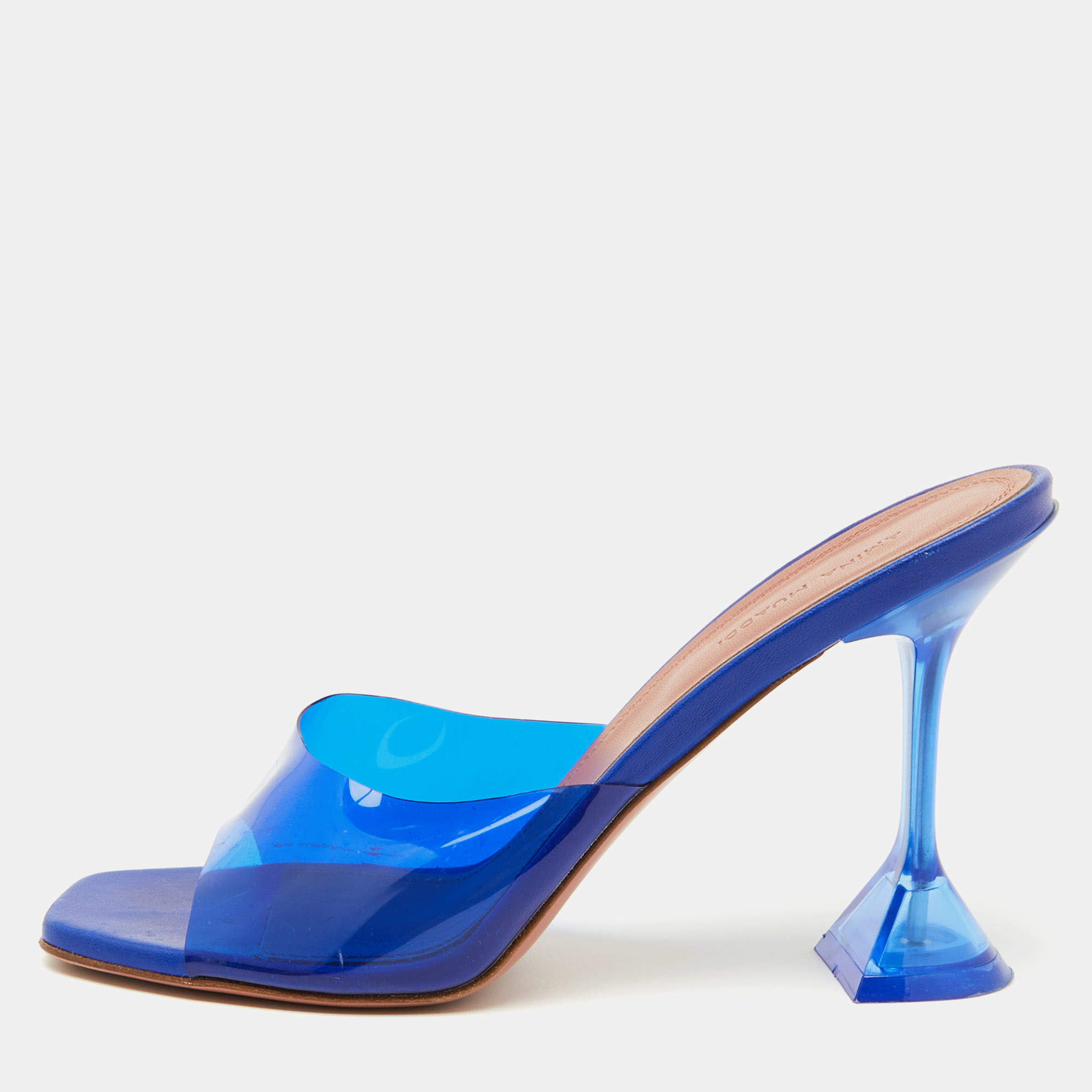 Pre Owned Amina Muaddi Blue PVC Plexiglass Lupita Mules Size 40