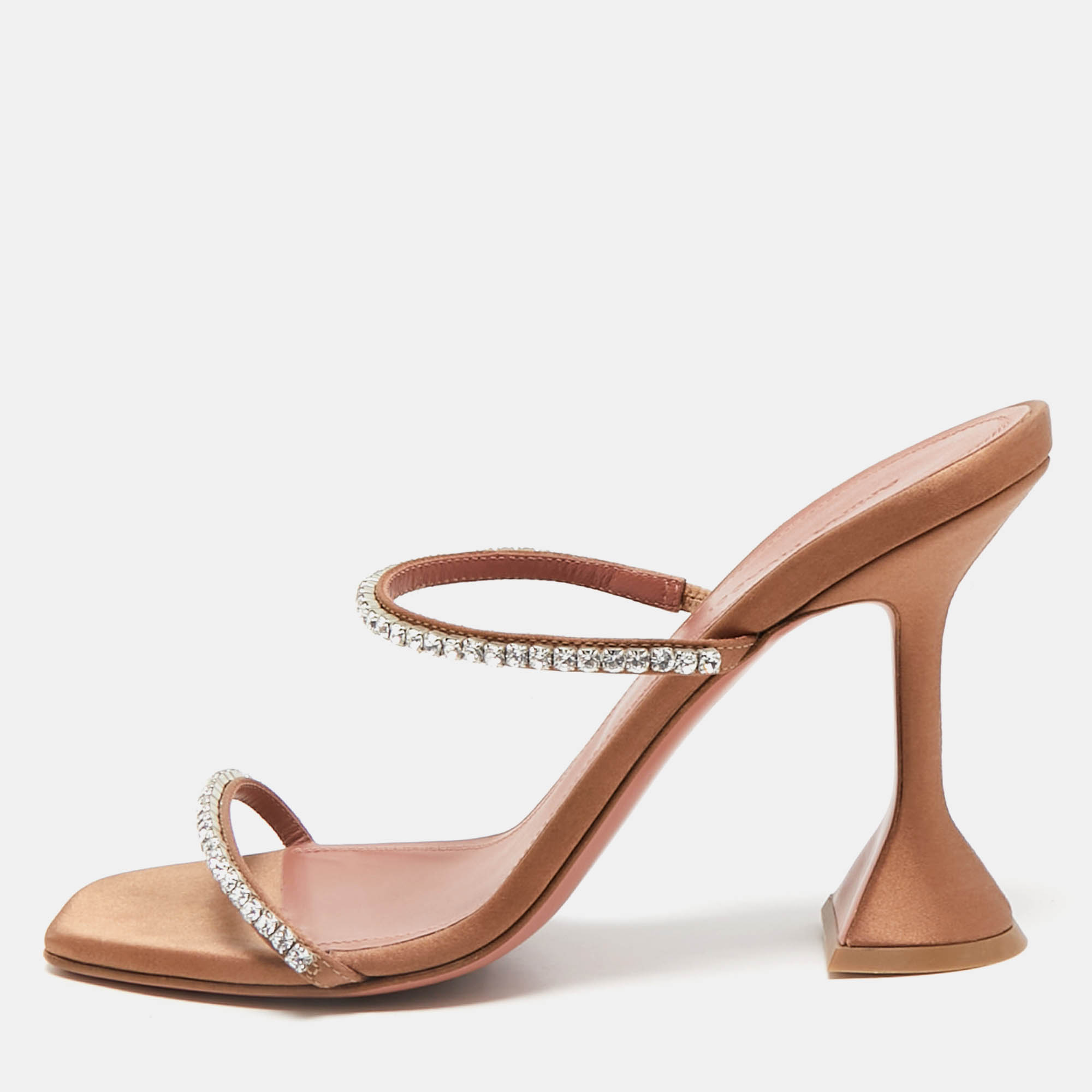 Amina Muaddi Beige Satin Crystal Embellished Gilda Slide Sandals Size 38