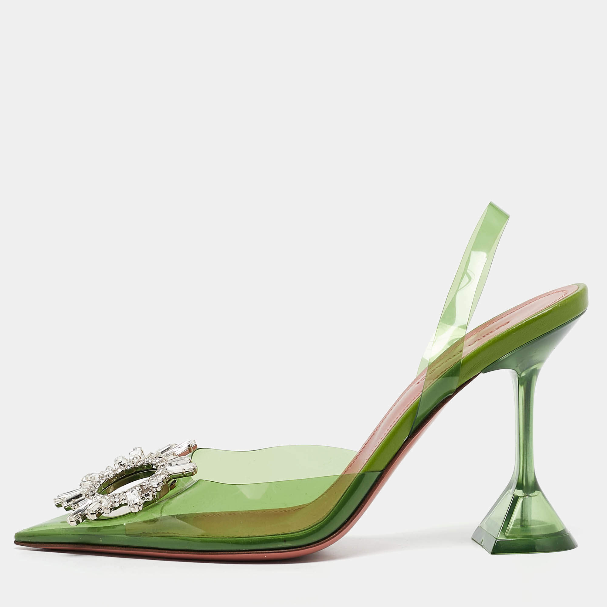 Amina Muaddi Green PVC Begum Crystal Embellished Slingback Pumps Size 37