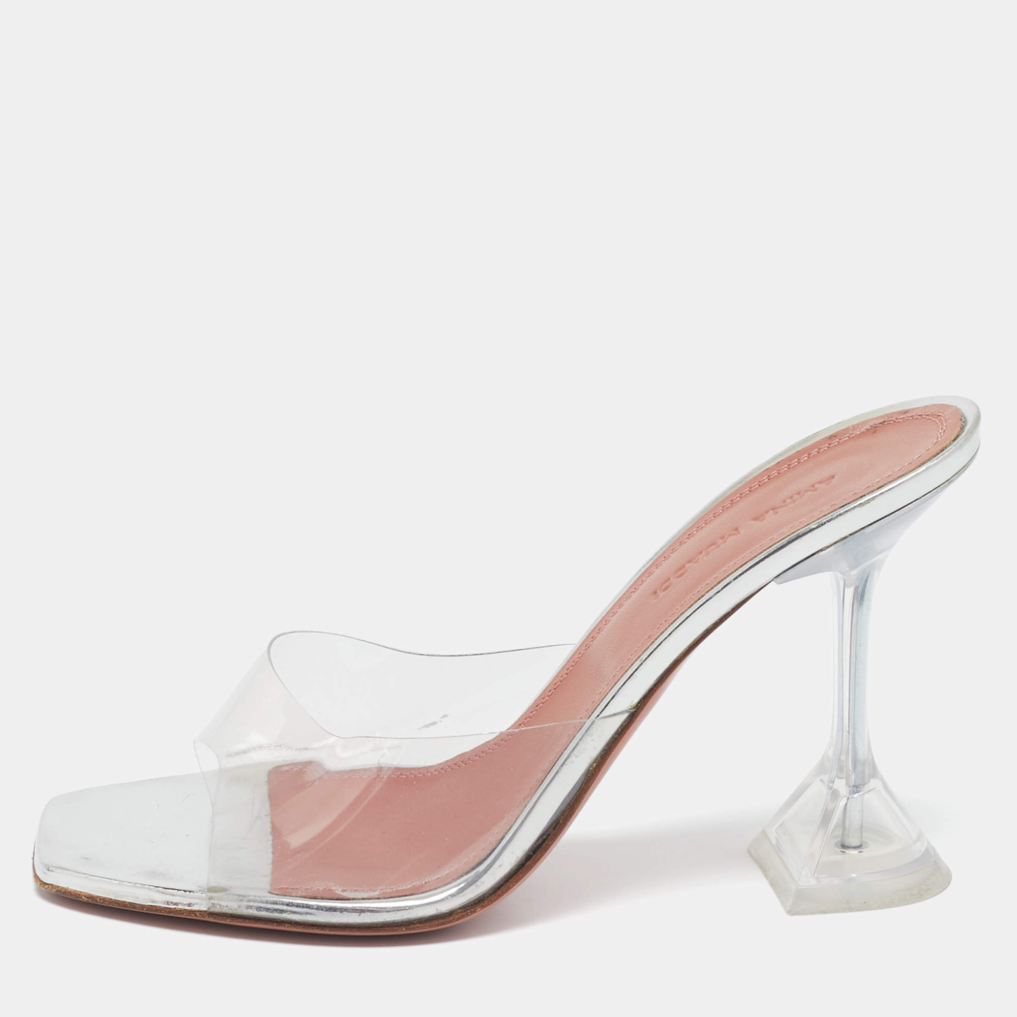 Amina Muaddi Silver PVC and Patent Leather Lupita Glass Sandals Size 36.5