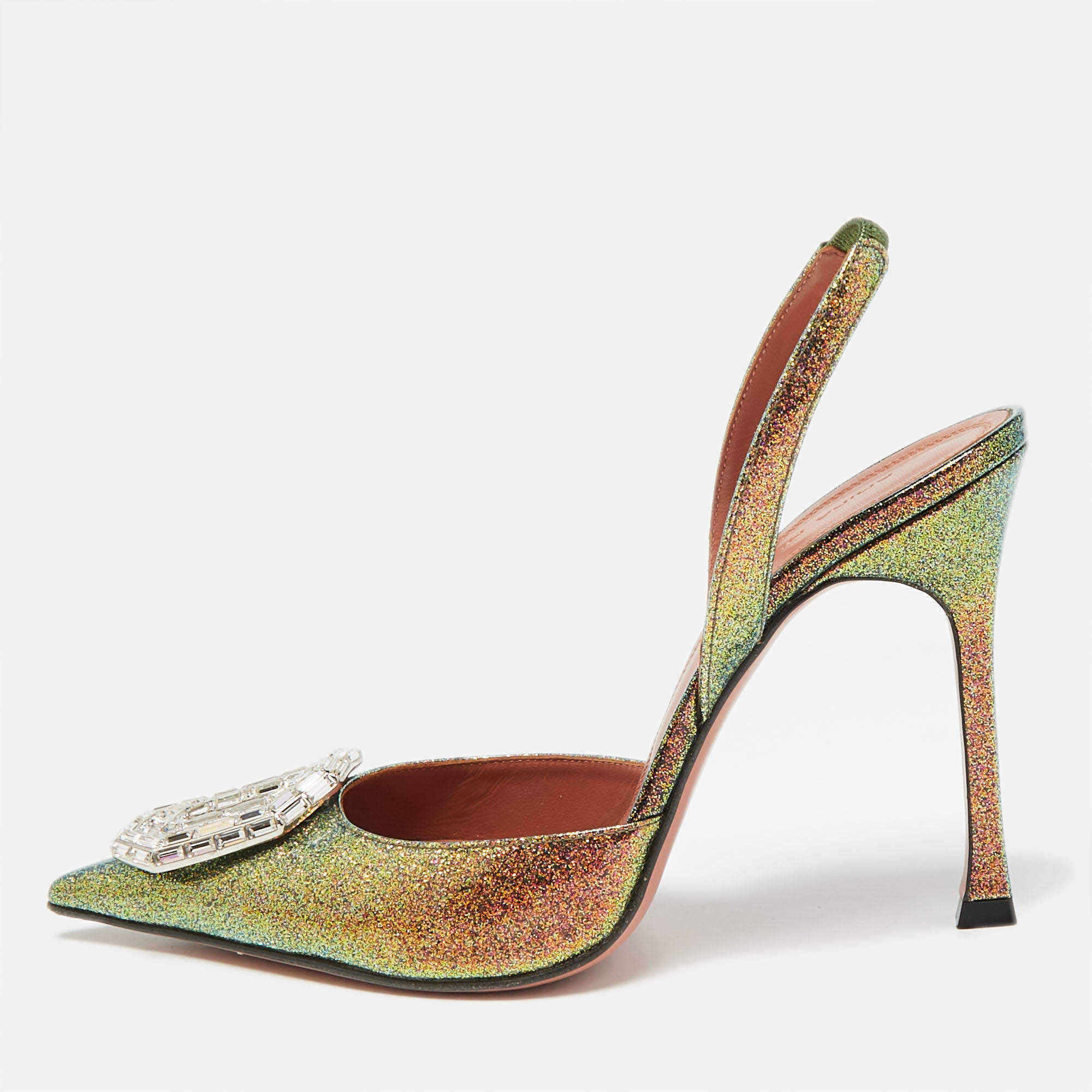 Pre Owned Amina Muaddi Multicolor Glitter Patent Leather Camelia Slingback Pumps Size 38