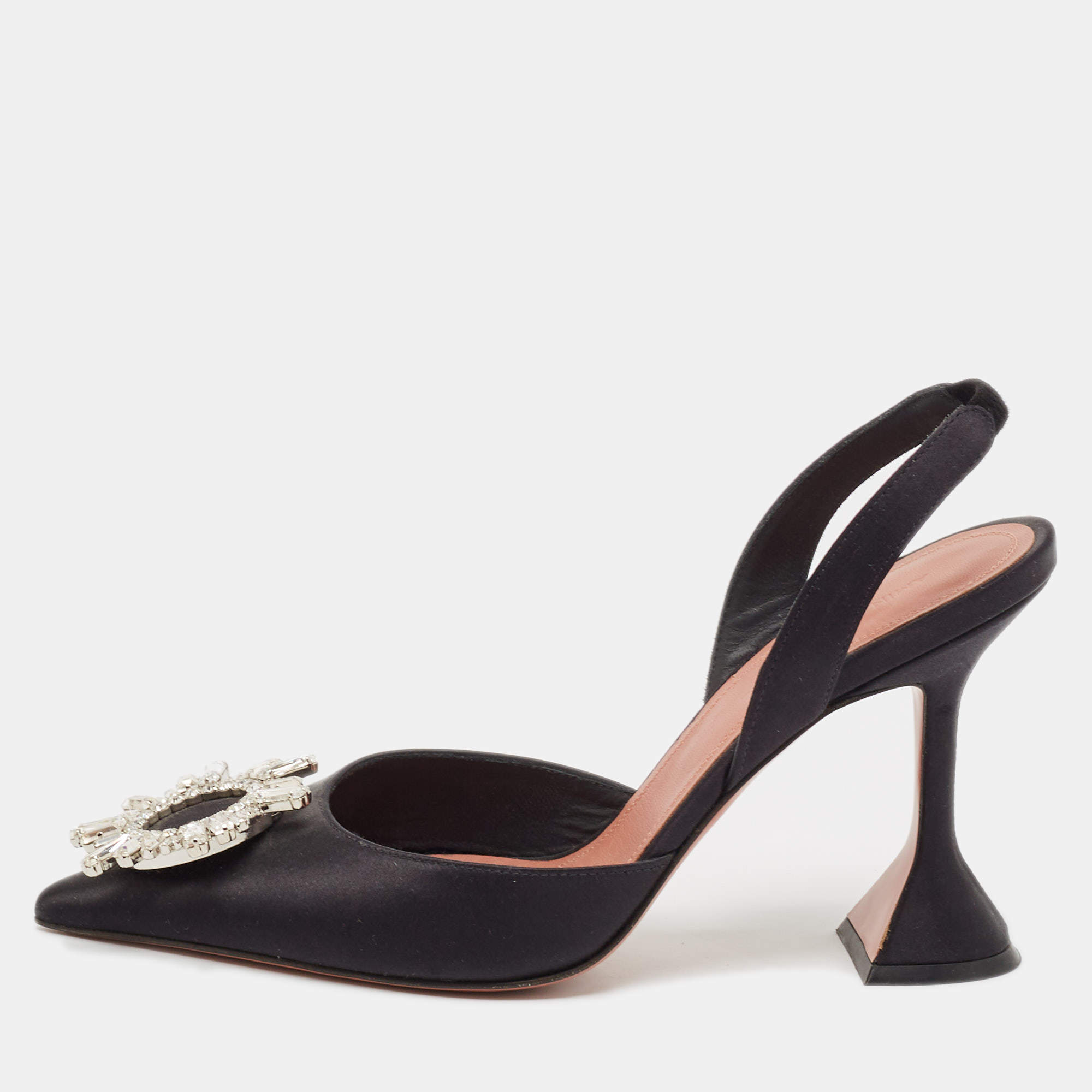 Amina Muaddi Black Satin Begum Slingback Pumps Size 37.5