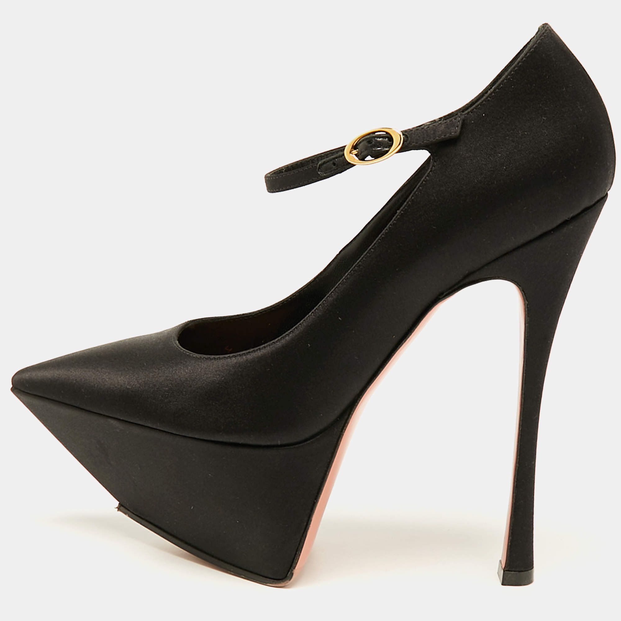 Amina Muaddi Black Satin Yigit Platform Pumps Size 36