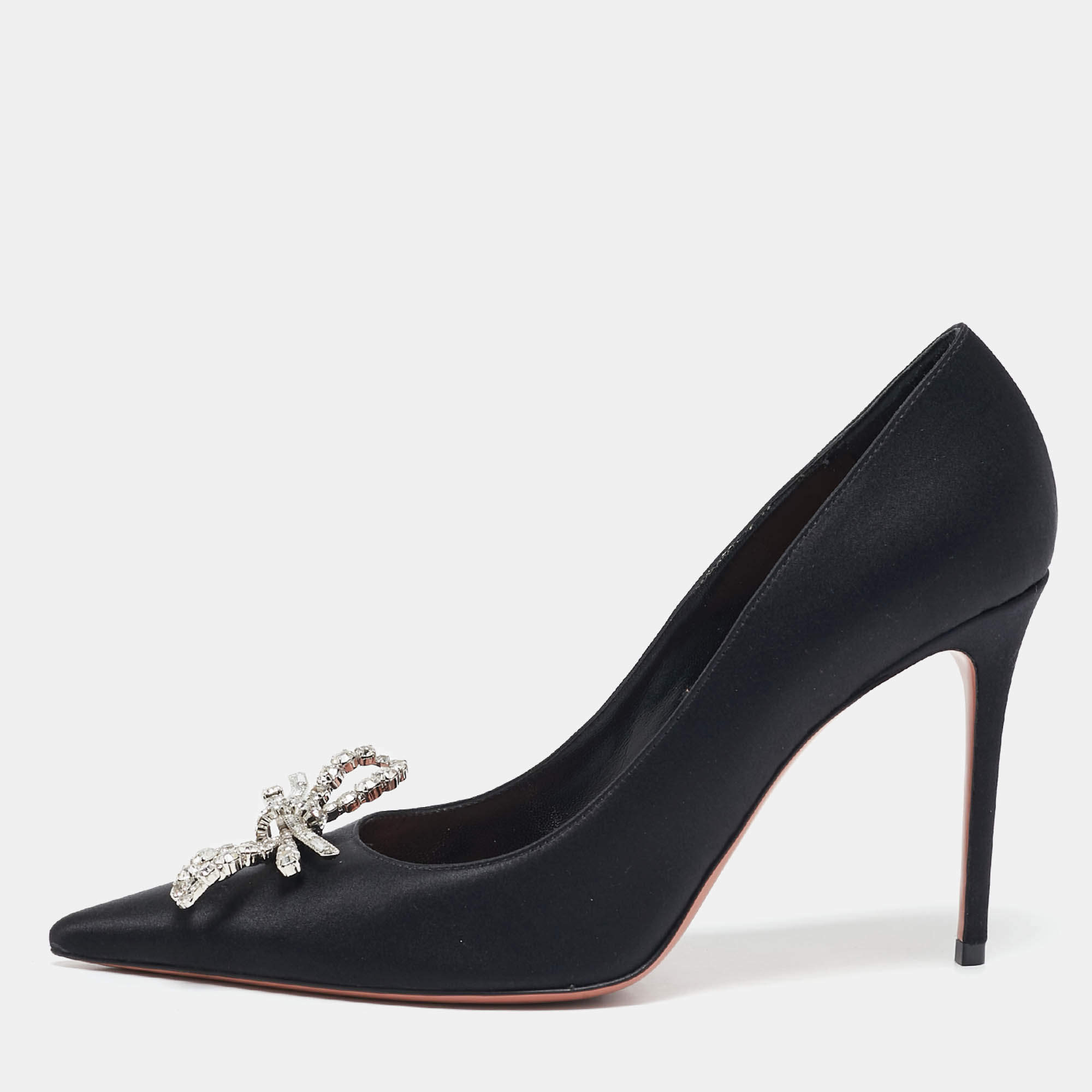 Amina Muaddi Black Satin Crystal Embellished Rosie Pumps Size 39.5