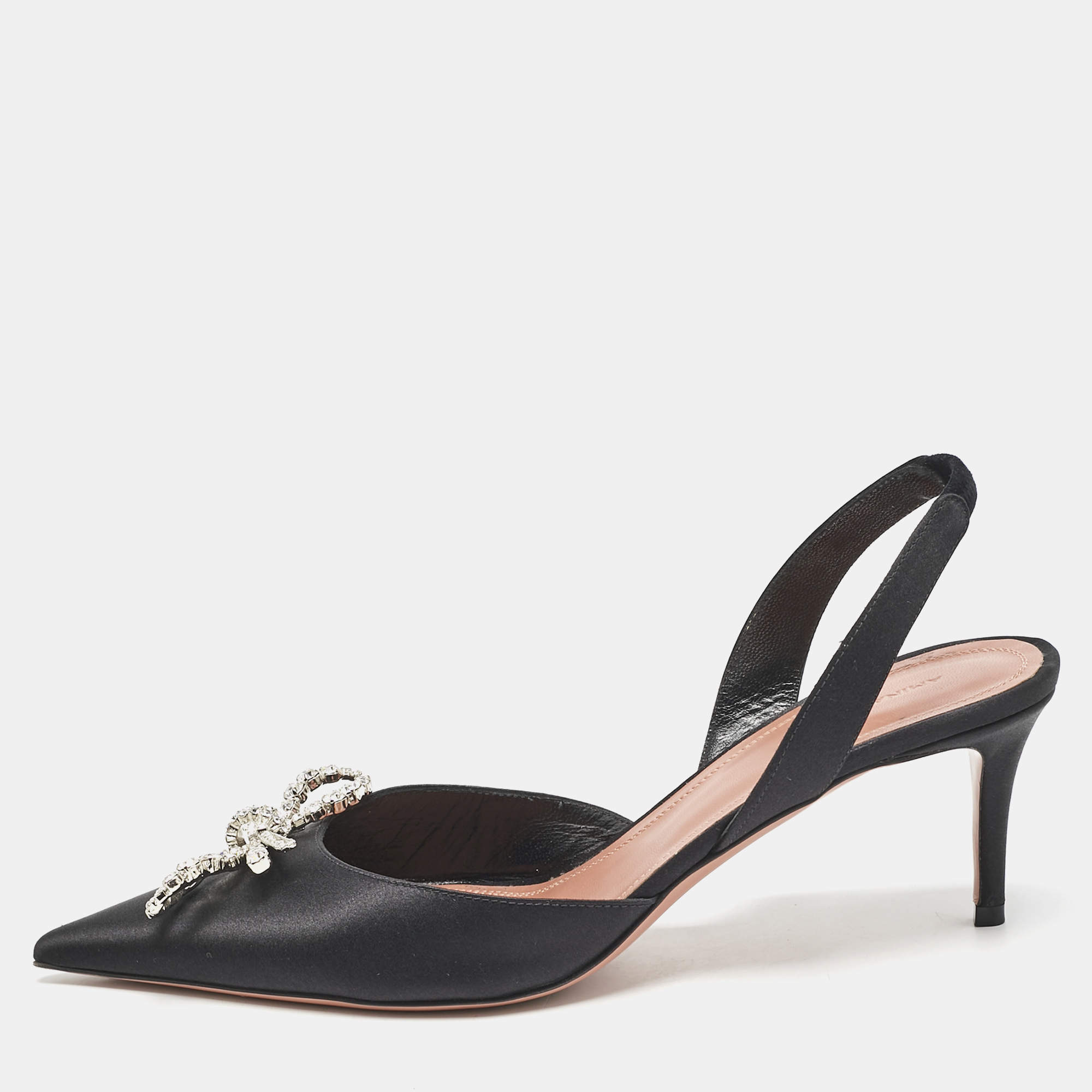 Pre Owned Amina Muaddi Black Satin Begum Slingback Pumps Size 40