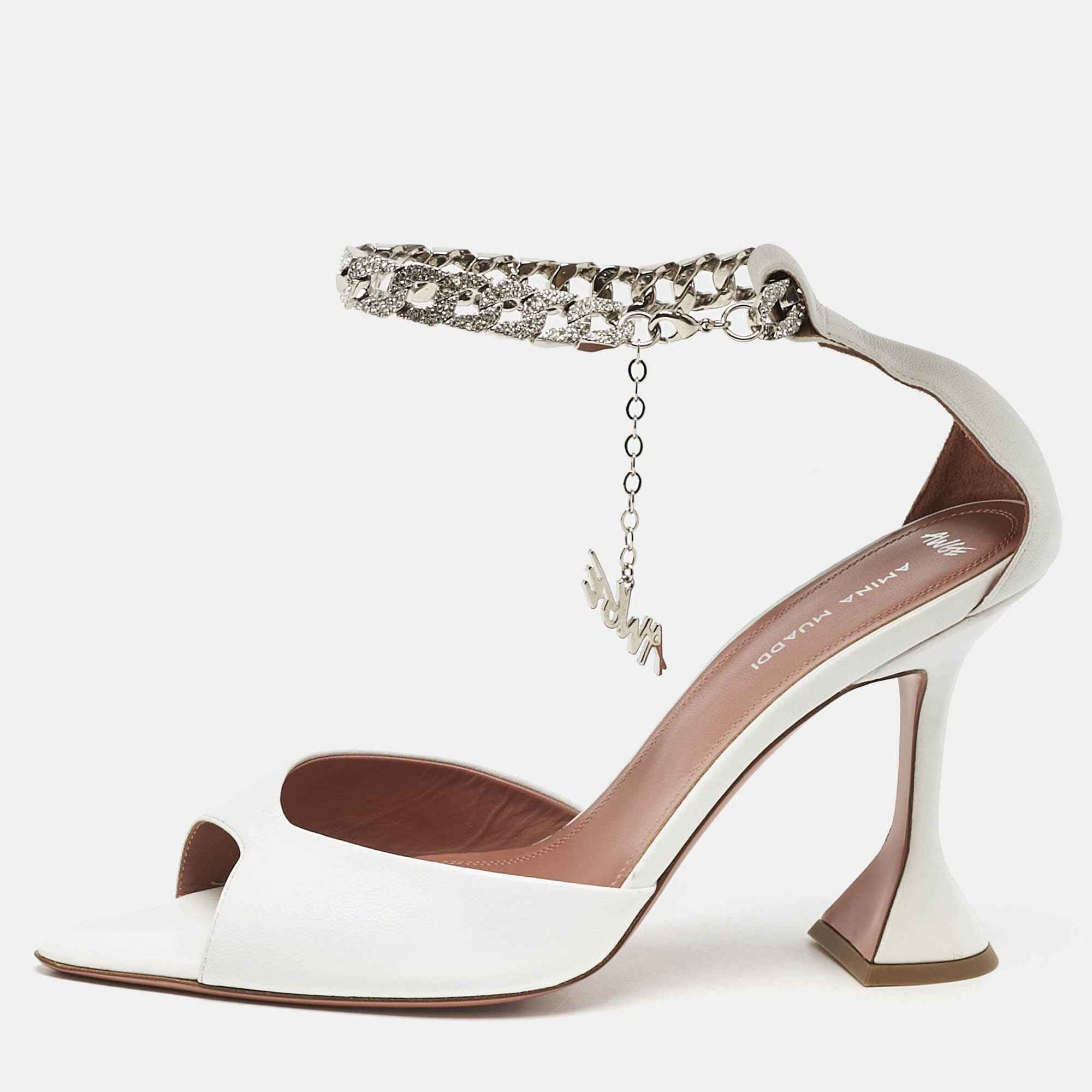 Amina Muaddi White Leather Ankle Strap Sandals Size 40