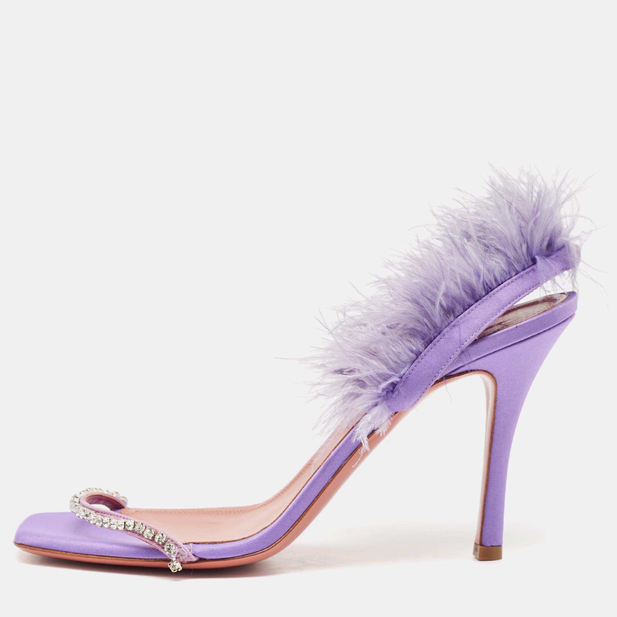 Pre Owned Amina Muaddi Purple Satin Crystal Embellished And Feather Adwoa Slingback Sandals Size 40.5