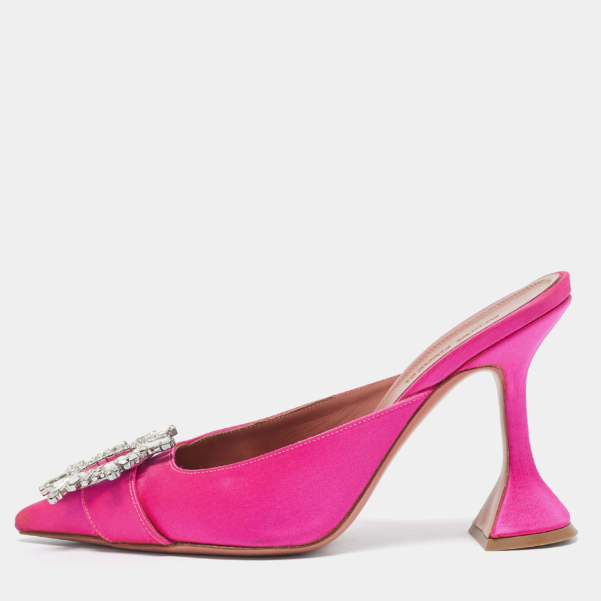 Pre Owned Amina Muaddi Pink Satin Begum Crystal Embellished Mules Size 36.5