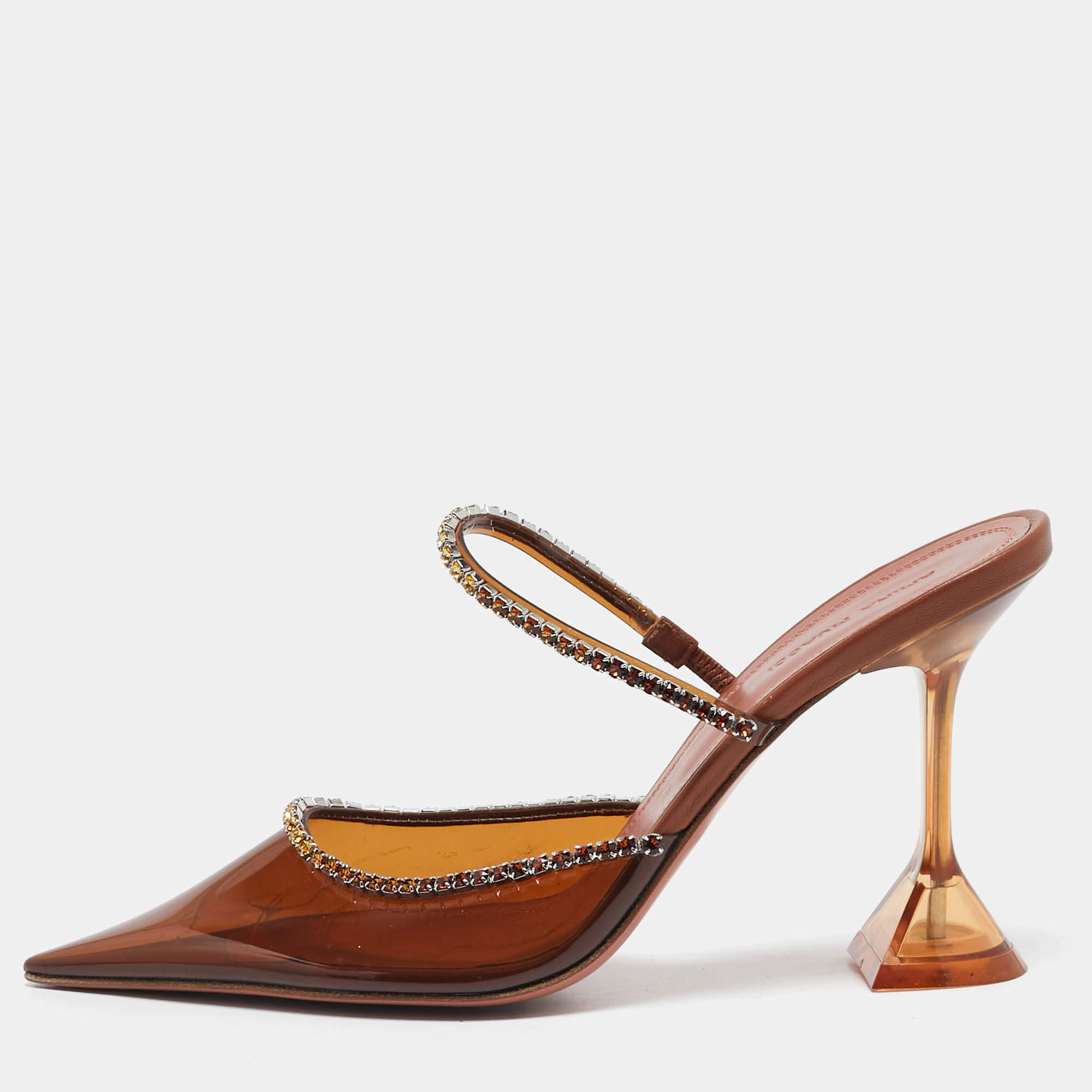 Pre Owned Amina Muaddi Brown PVC Crystal Embellished Gilda Mules Size 38.5