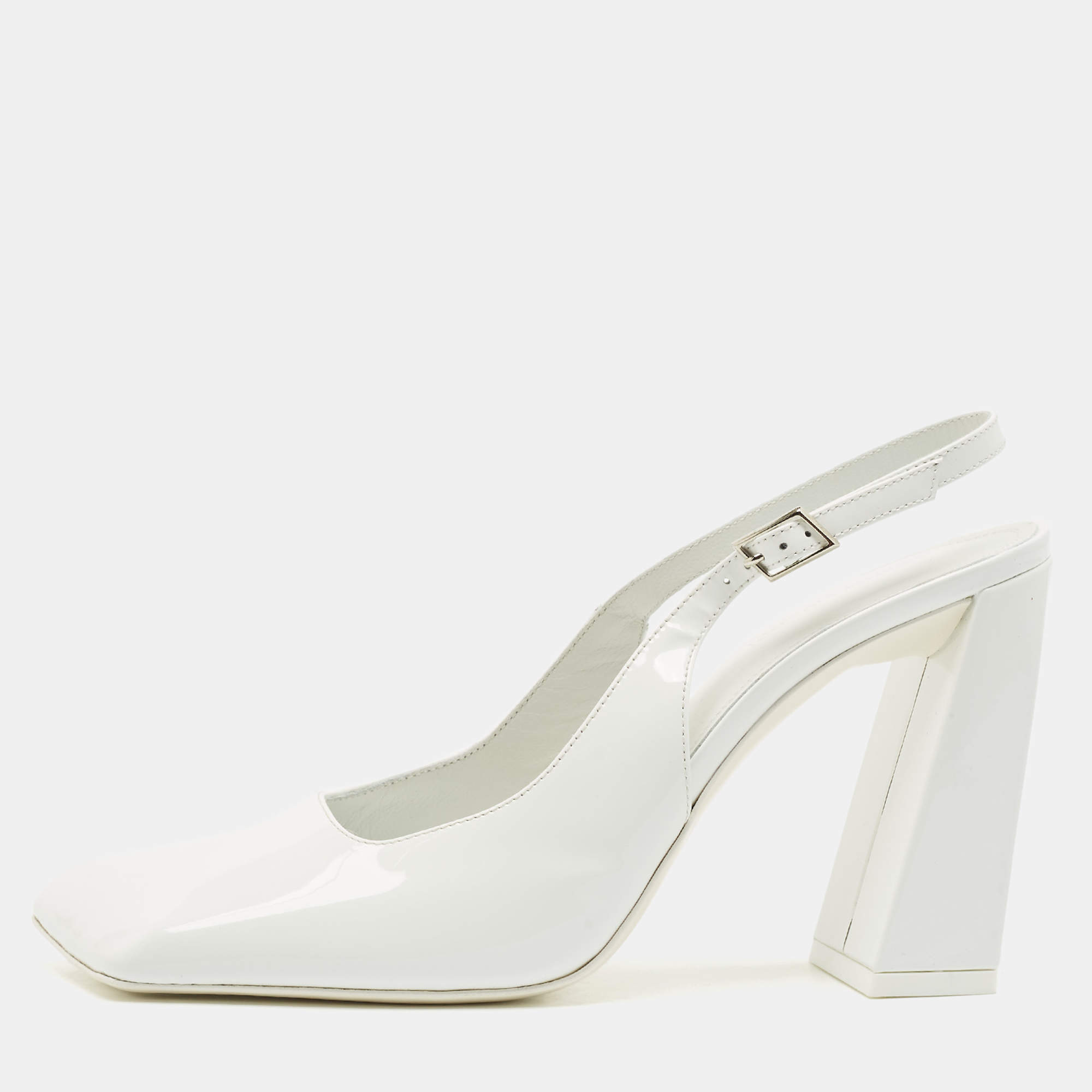 Amina Muaddi White Patent Leather Square Toe Slingback Pumps Size 38