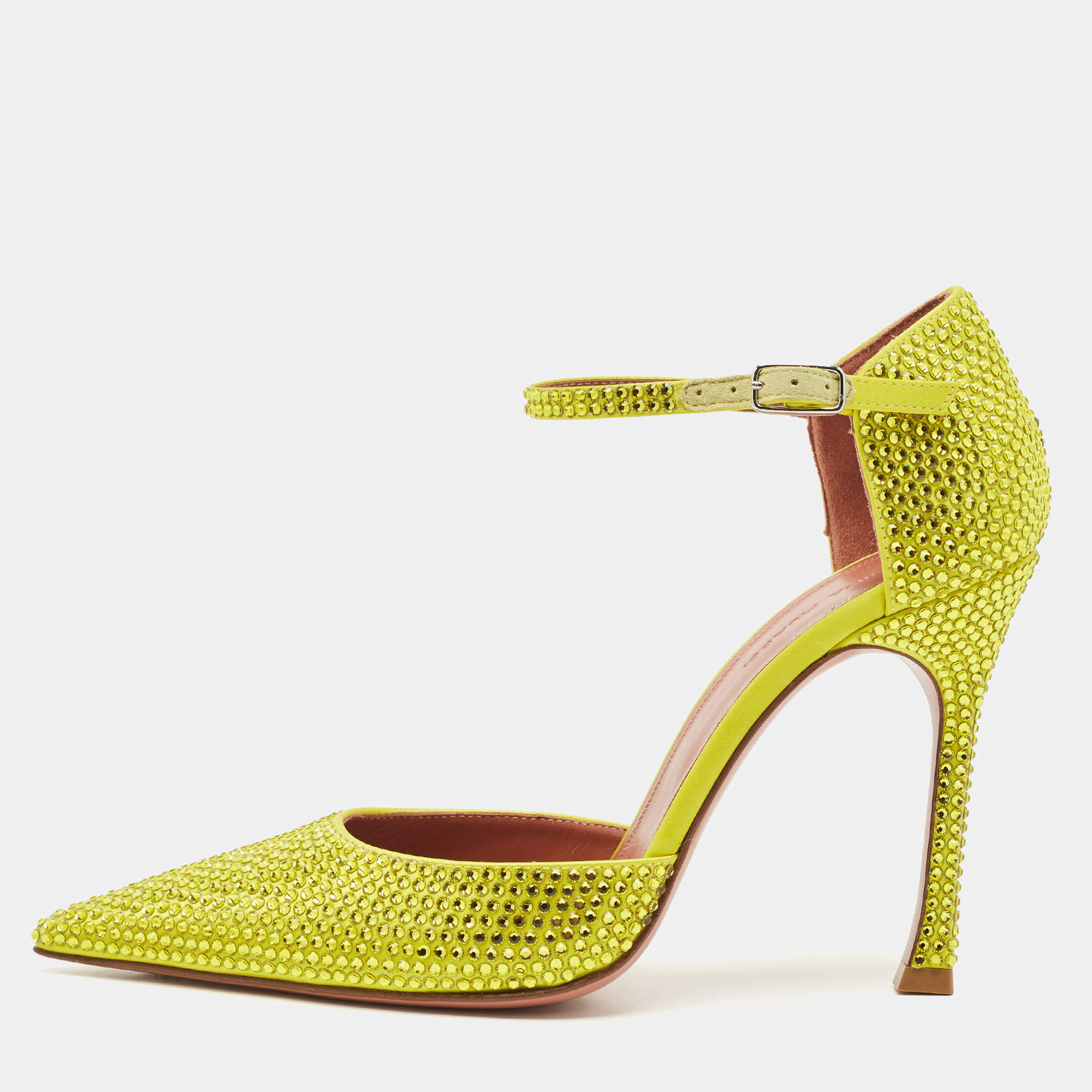 Pre Owned Amina Muaddi Yellow Satin Vittoria 105mm Crystal-Embellished Pumps Size 37