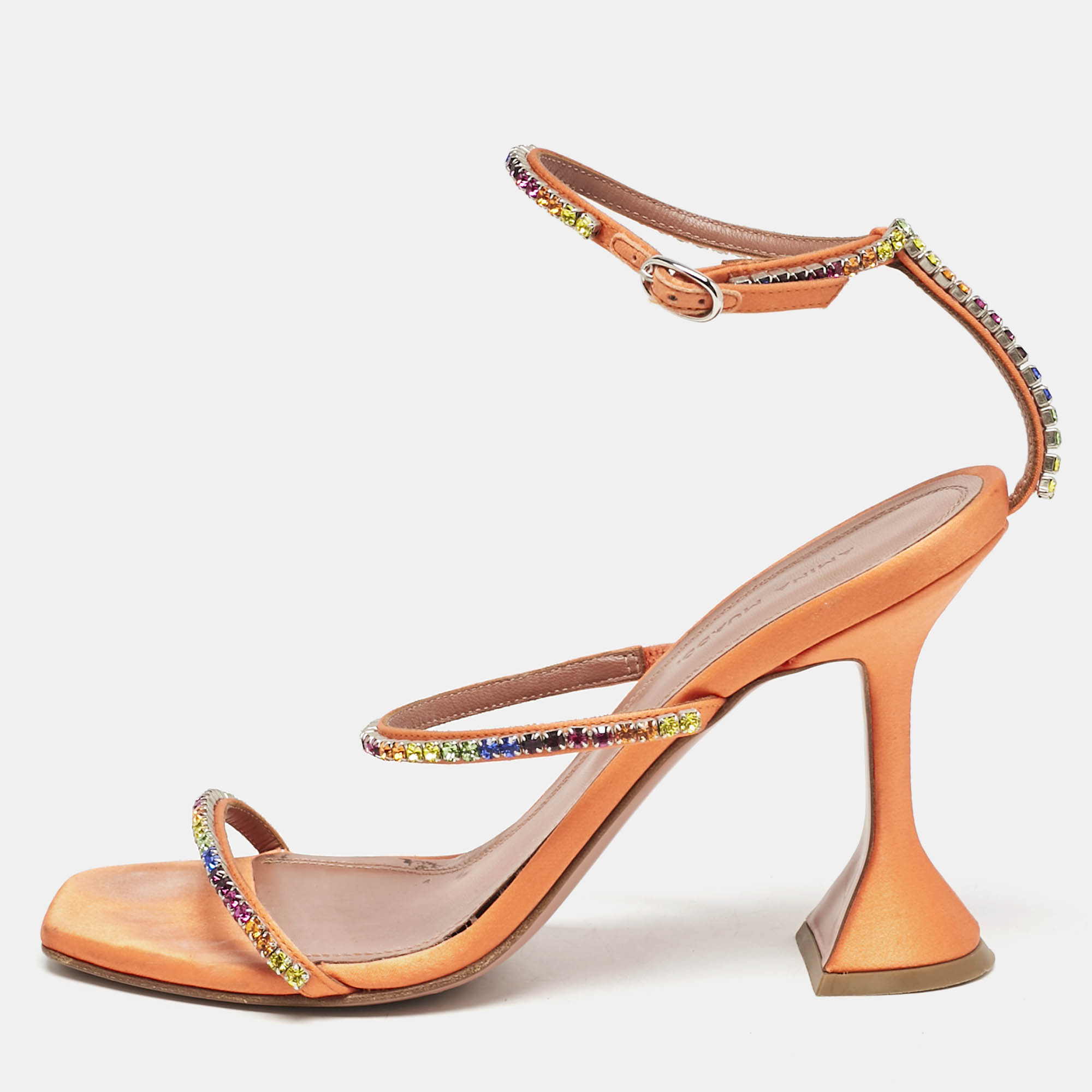 Amina Muaddi Orange Satin Rainbow Crystal Gilda Ankle Strap Sandals Size 38