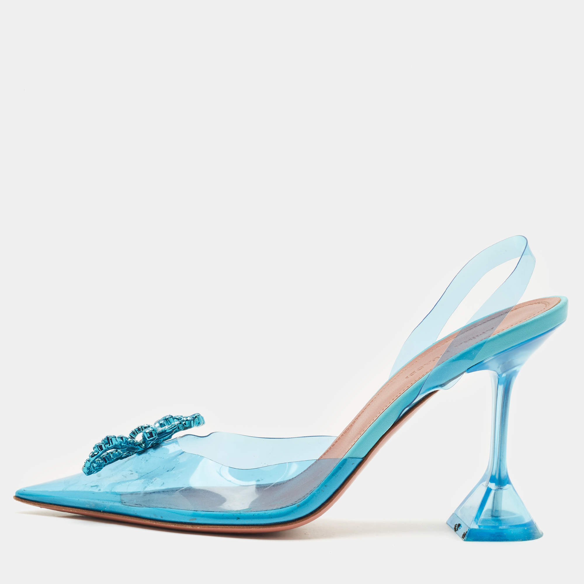 Pre Owned Amina Muaddi Blue PVC Crystal Embellished Rosie Slingback Pumps Size 38