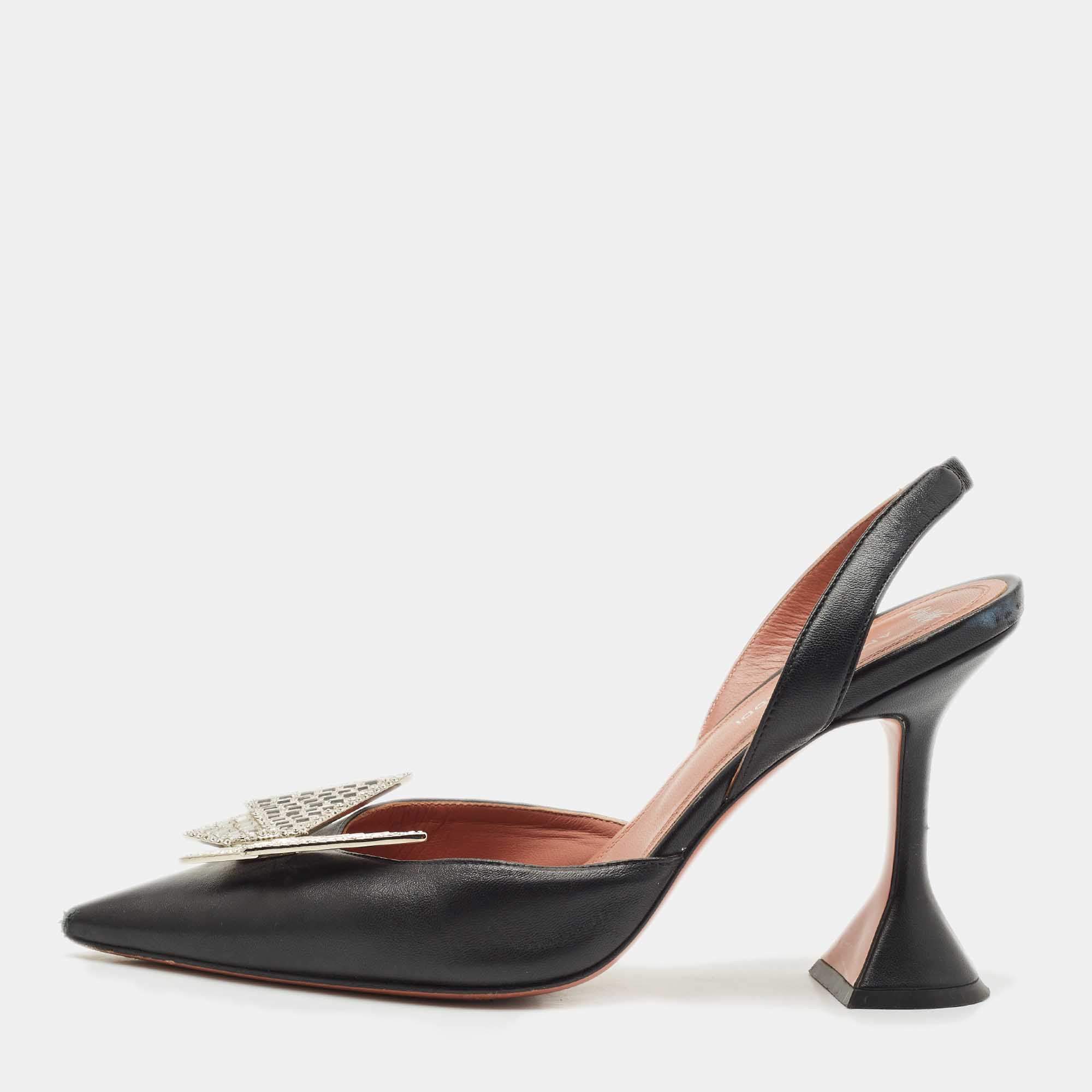 Amina Muaddi X Awge Black Leather Phoenix Slingback Pumps Size 37