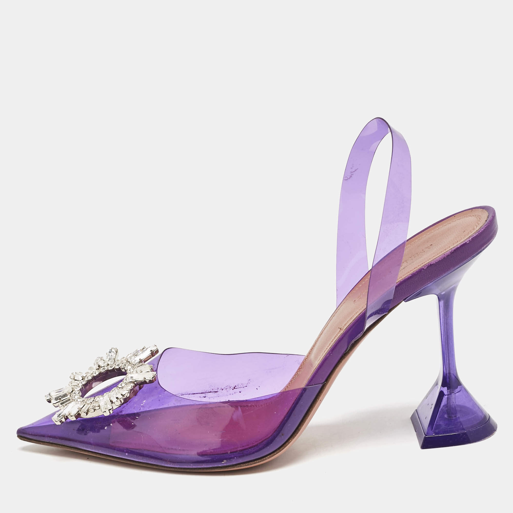 Pre Owned Amina Muaddi Purple PVC Begum Slingback Pumps Size 38.5
