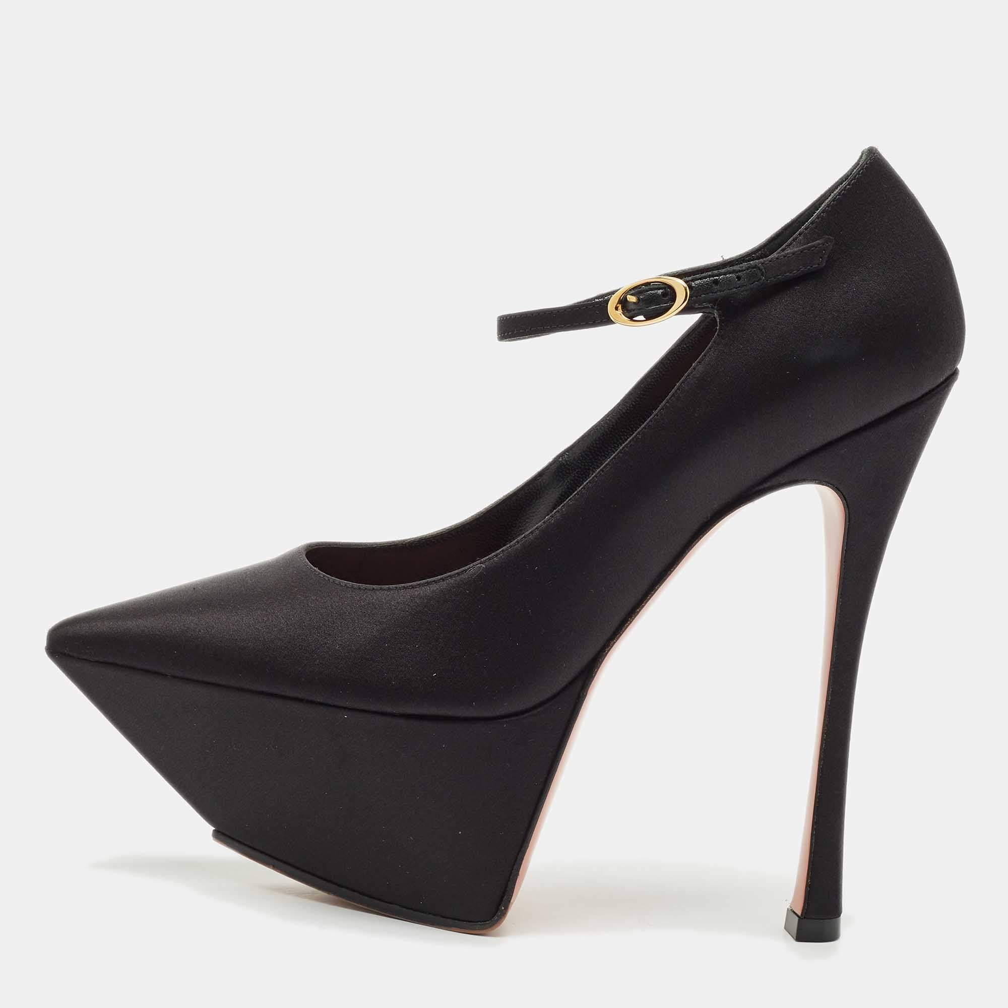 Pre Owned Amina Muaddi Black Satin Angelica Ankle Strap Platform Pumps Size 36.5