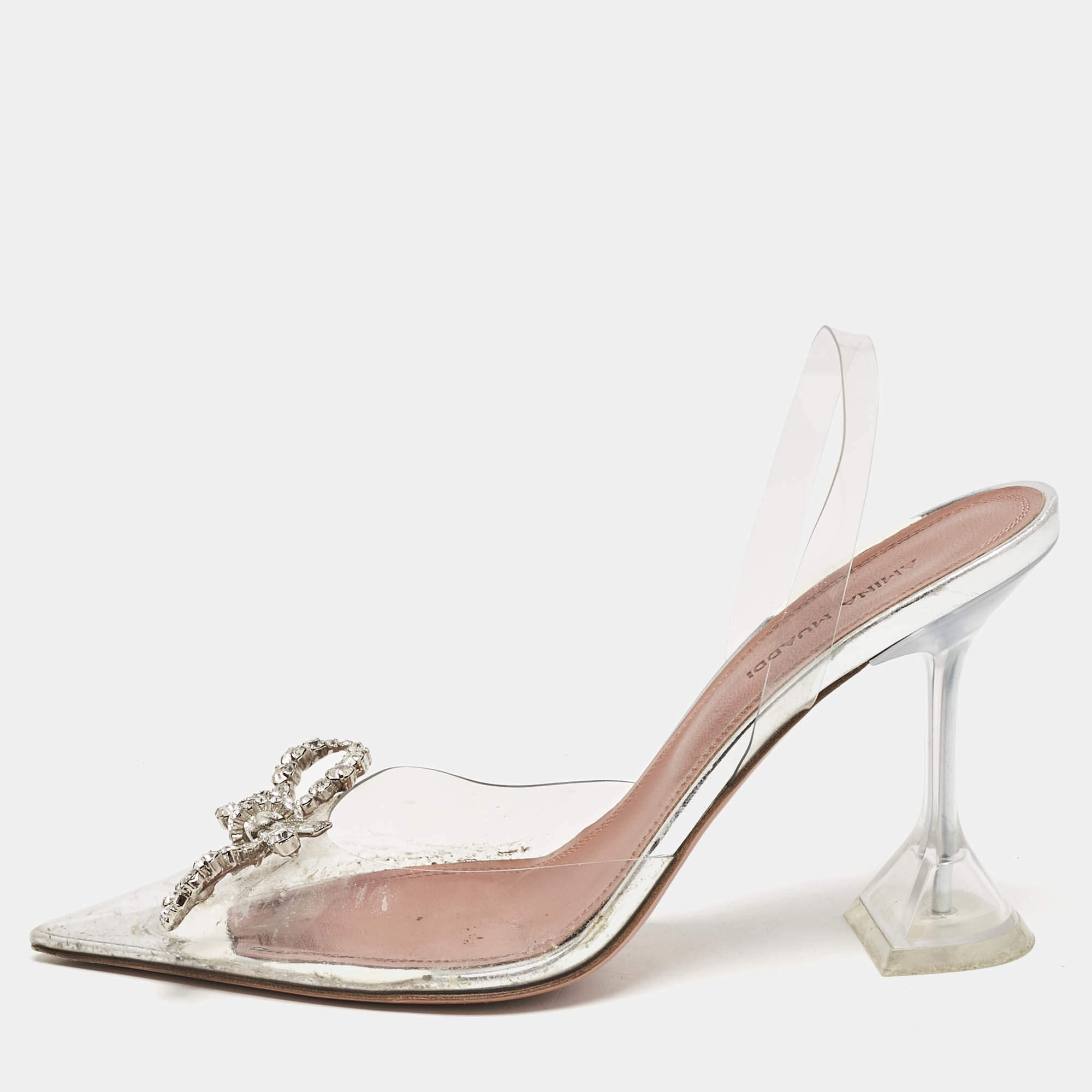 Pre Owned Amina Muaddi Transparent PVC Rosie Pointed Toe Slingback Pumps Size 37
