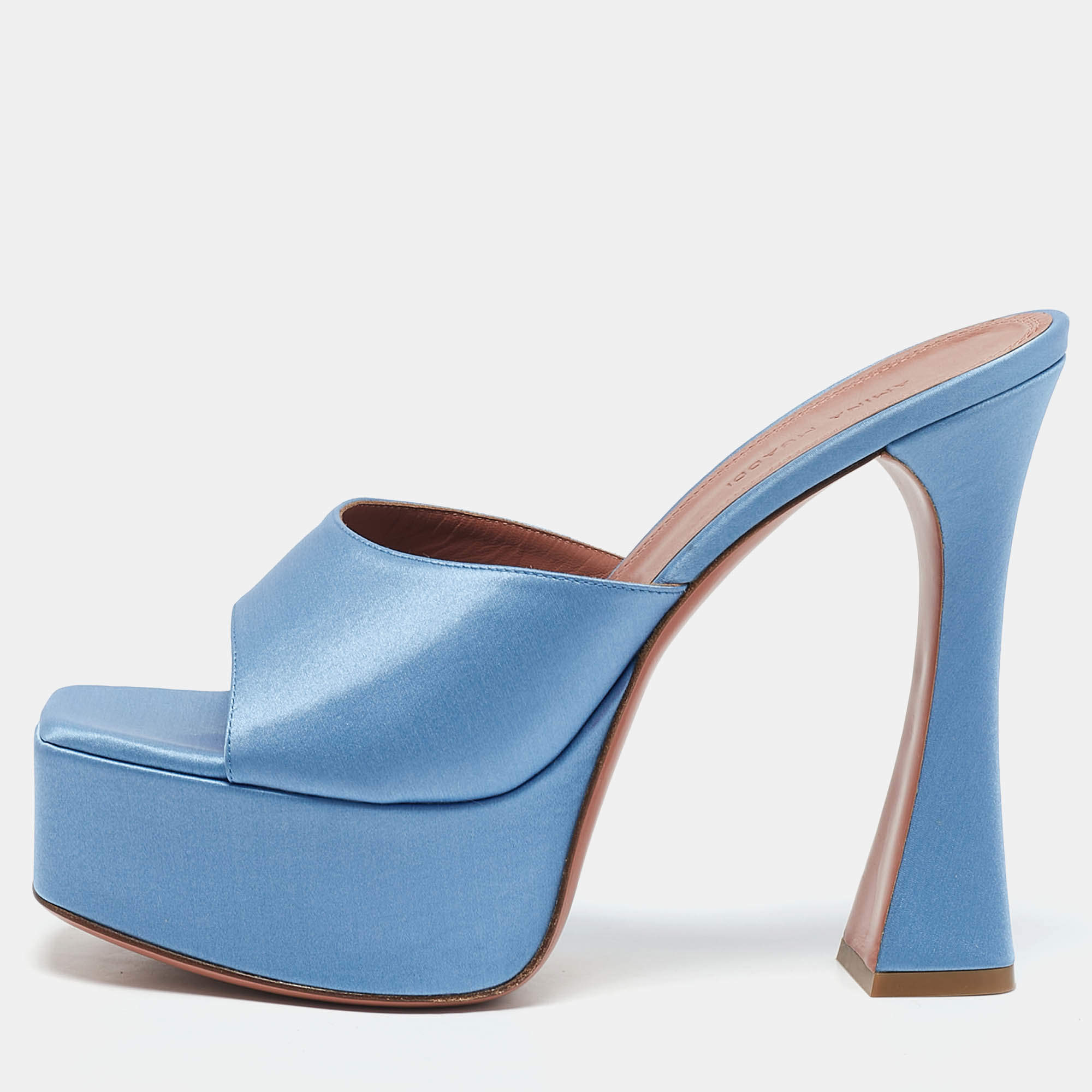 Amina Muaddi Blue Satin Dalida Platform Slide Sandals Size 39