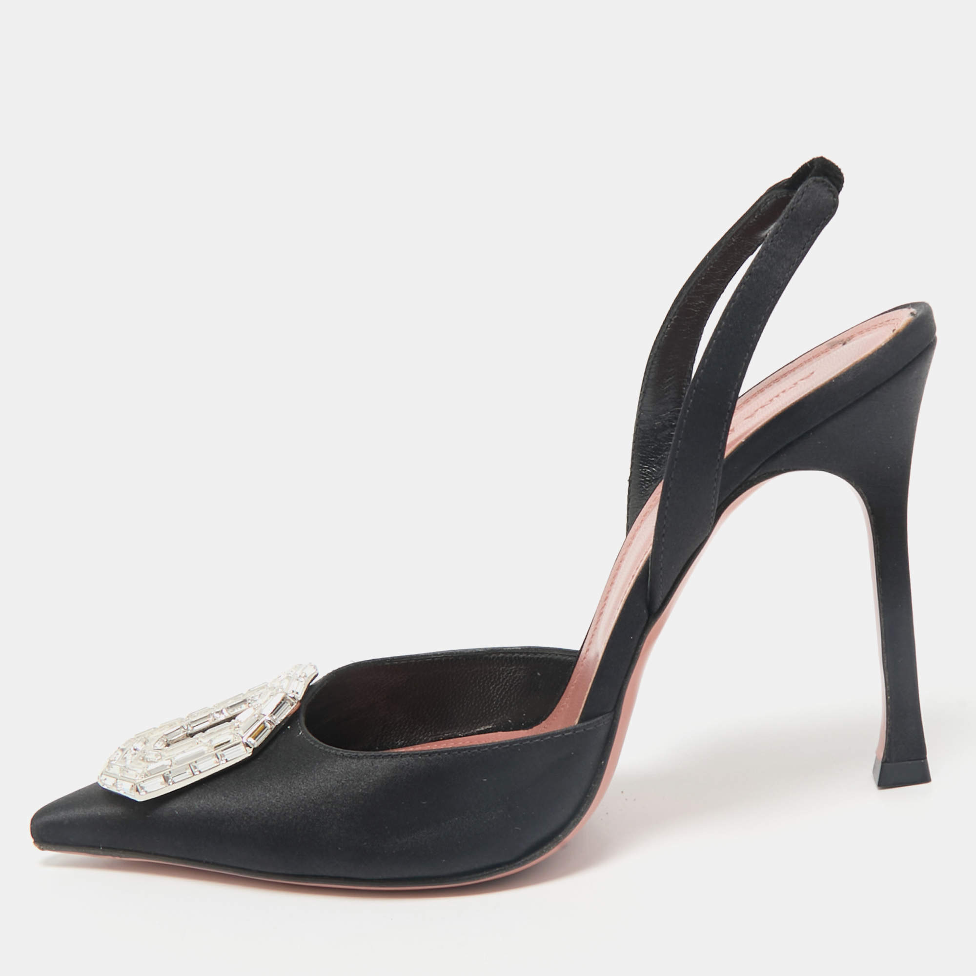 Amina Muaddi Black Satin Camelia Slingback Pumps Size 38.5
