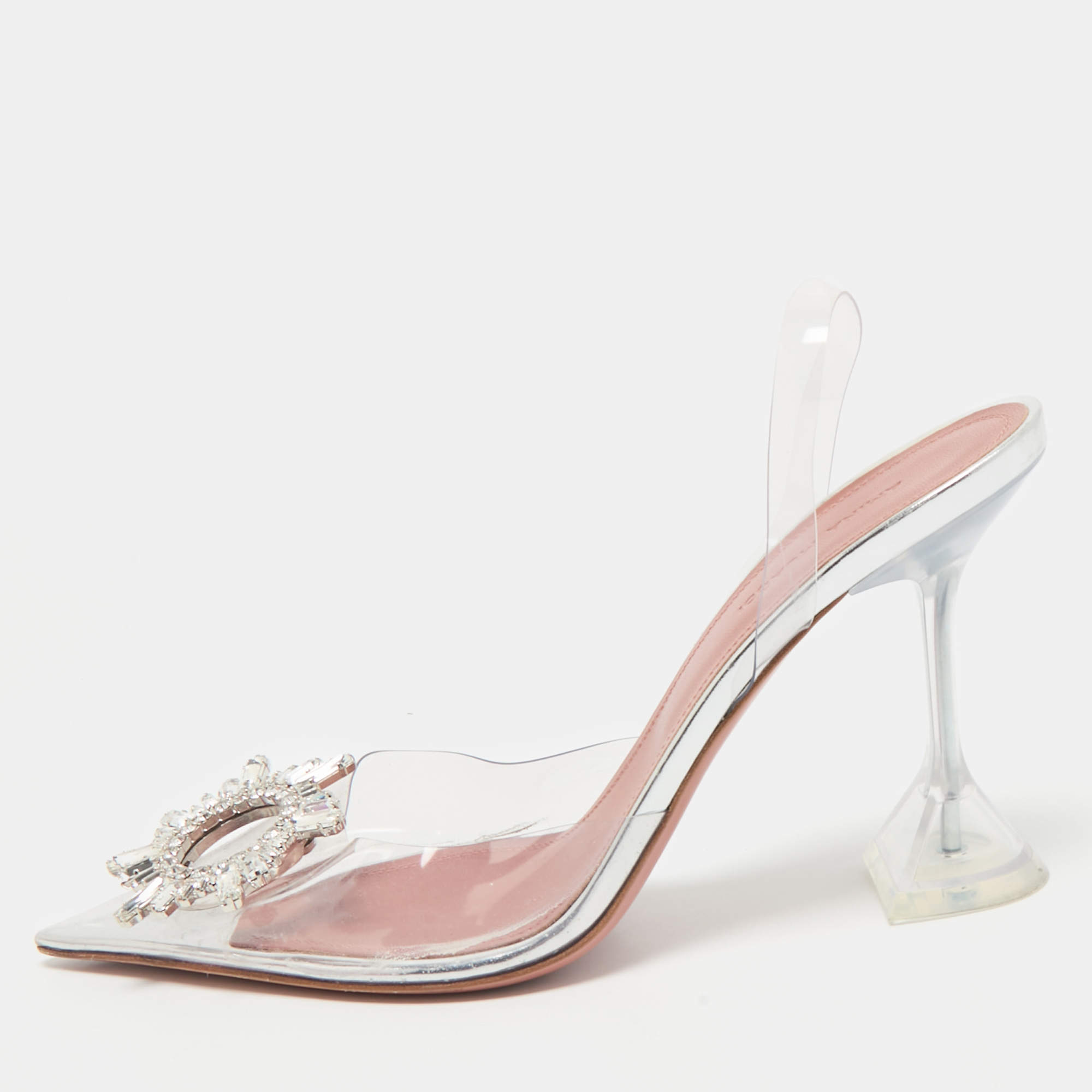 Amina Muaddi Transparent PVC Begum Embellished Slingback Sandals Size 38.5