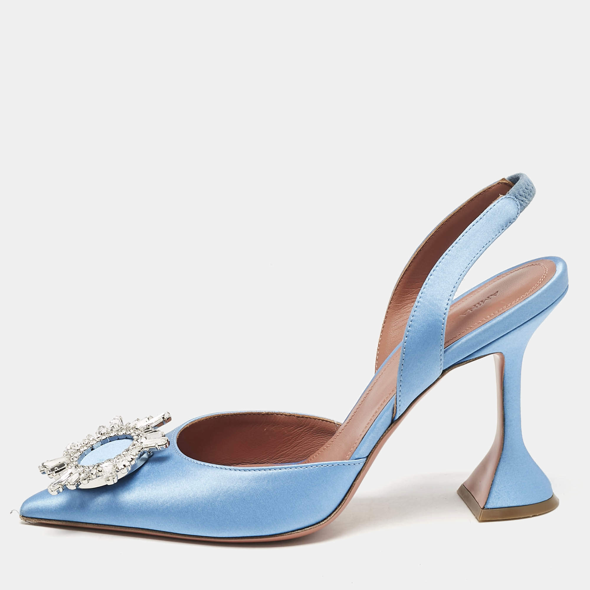 Pre Owned Amina Muaddi Blue Satin Begum Embellished Slingback Pumps Size 38