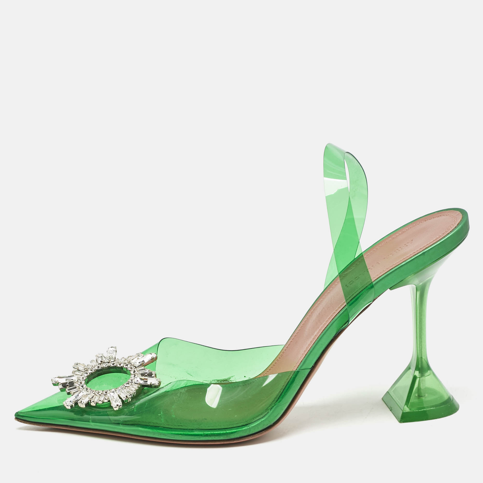 Pre Owned Amina Muaddi Green PVC Begum Crystal Embellished Slingback Pumps Size 41