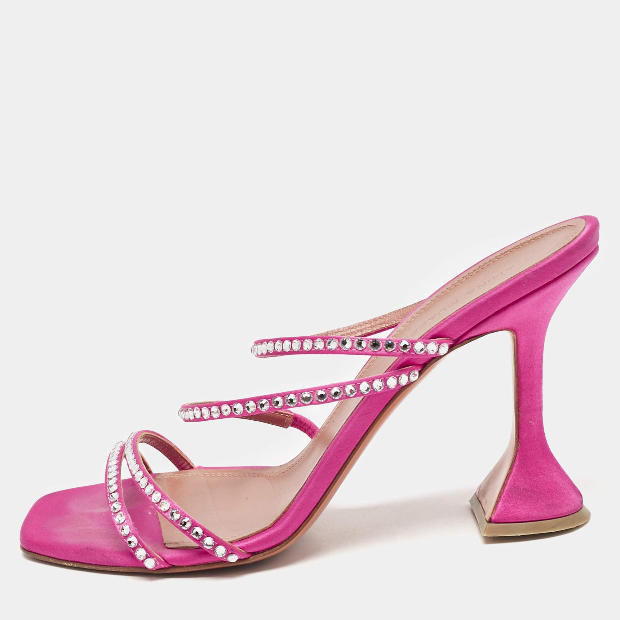 Amina Muaddi Pink Satin Naima Crystals Slide Sandals Size 38.5