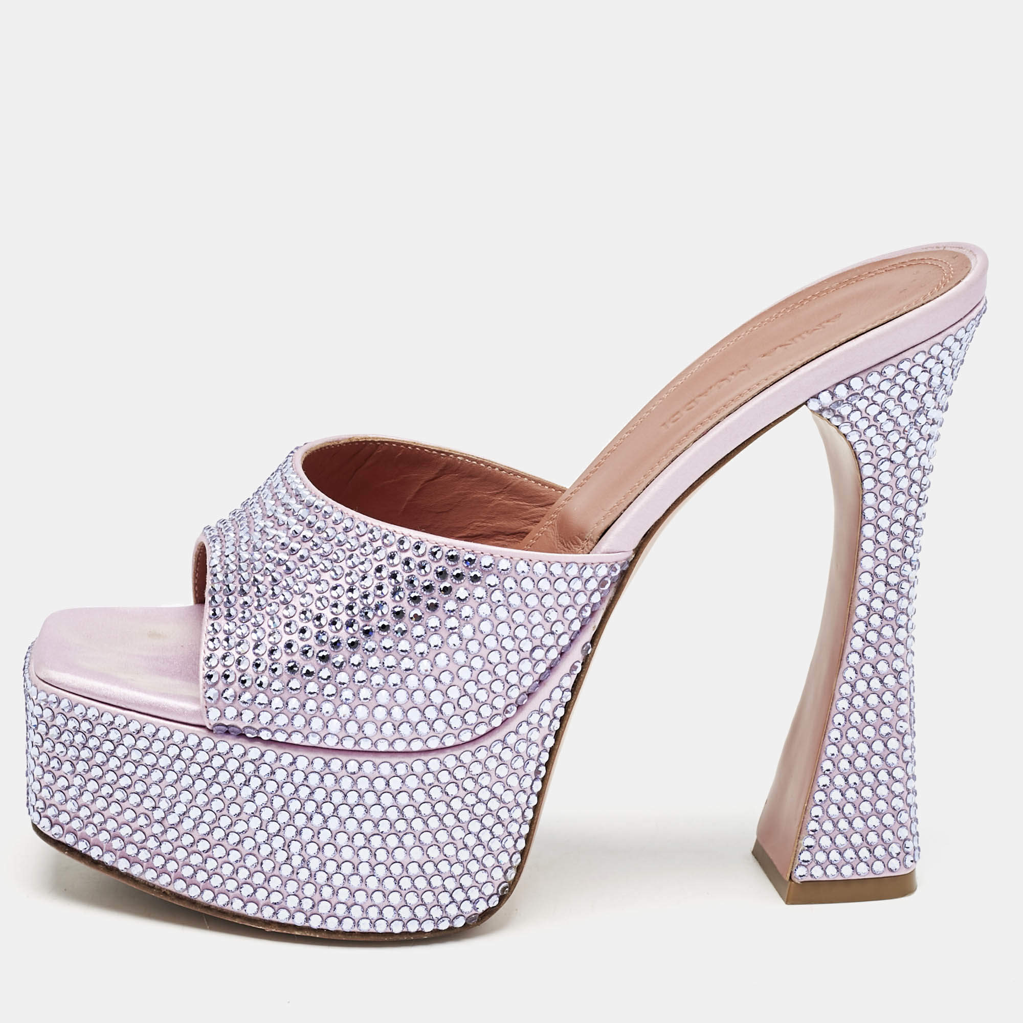 Pre Owned Amina Muaddi  Pink/Blue Satin Dalida Crystals Platform Sandals Size 37.5