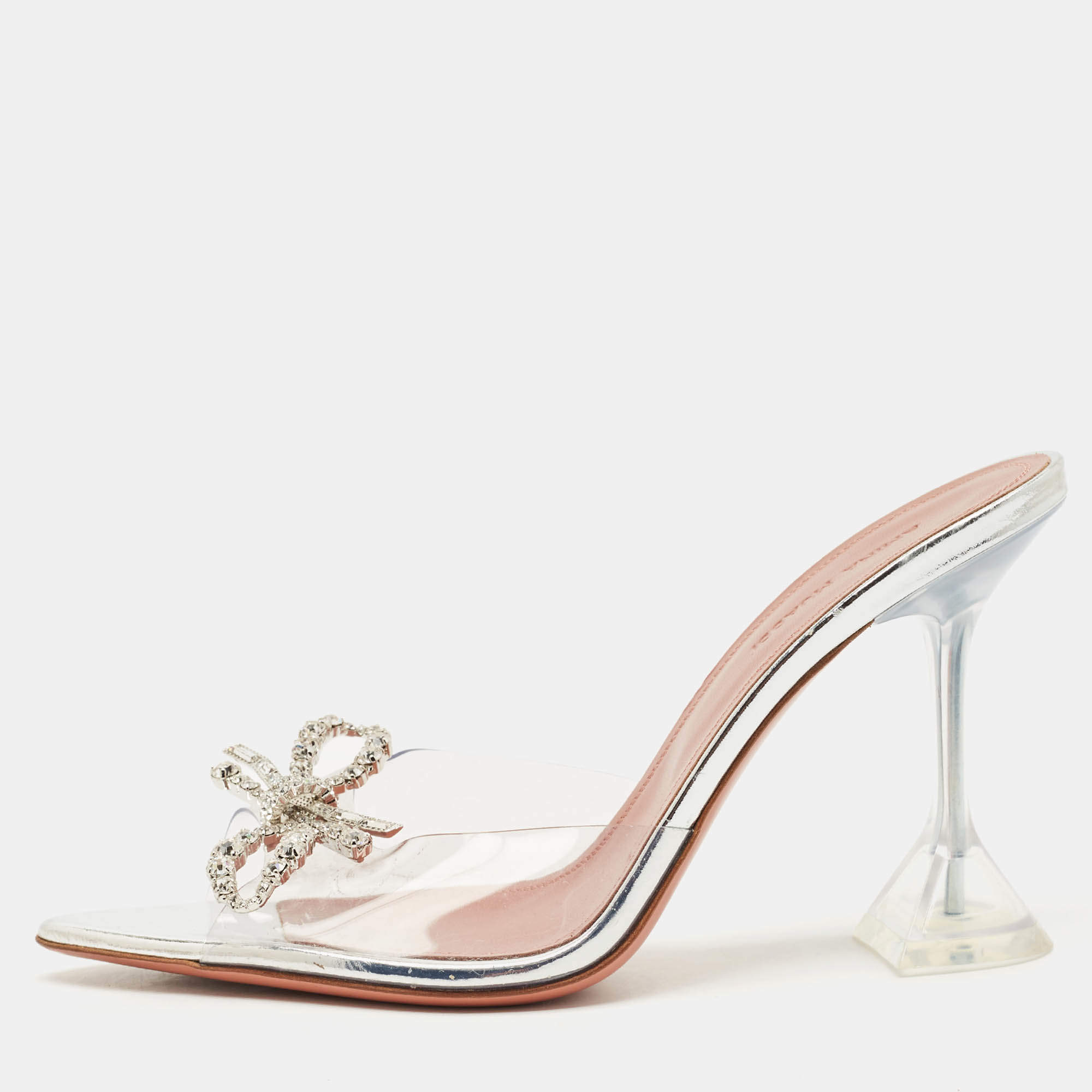 Pre Owned Amina Muaddi Silver PVC Rosie Slide Sandals Size 38.5