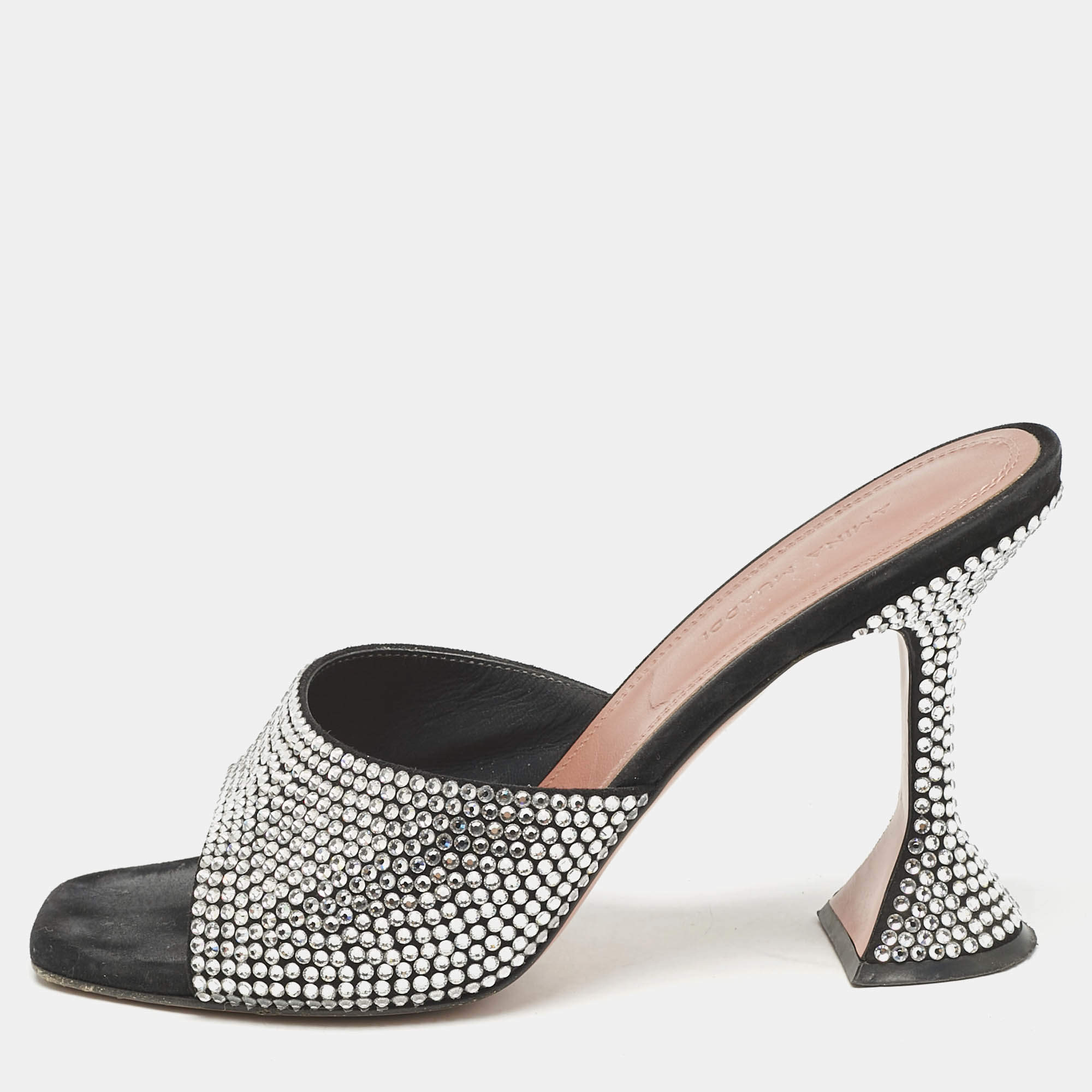 Amina Muaddi Black Suede Lupita Crystal Embellished Slide Sandals Size 38