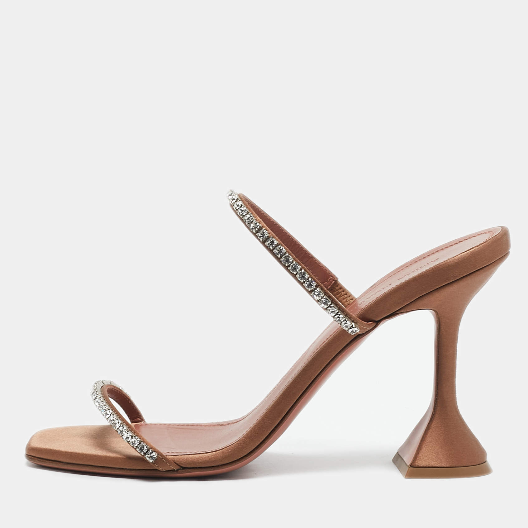 Pre Owned Amina Muaddi Beige Satin Gilda Crystal Embellished Slide Sandals Size 37.5