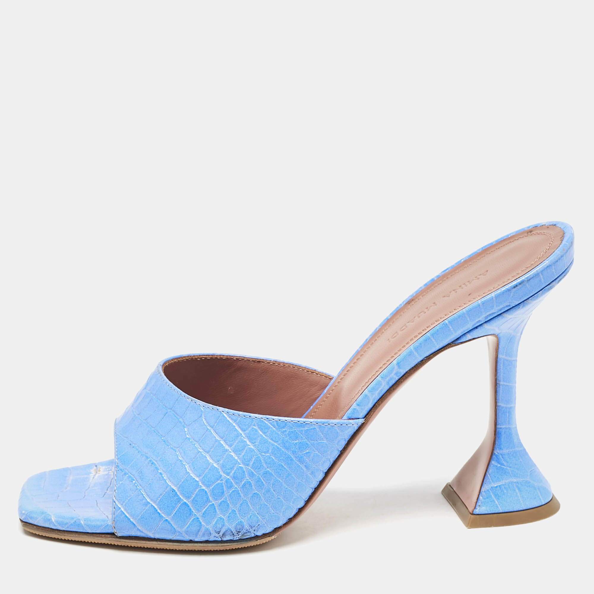 Amina Muaddi Blue Croc Embossed Leather Lupita Slide Sandals Size 38