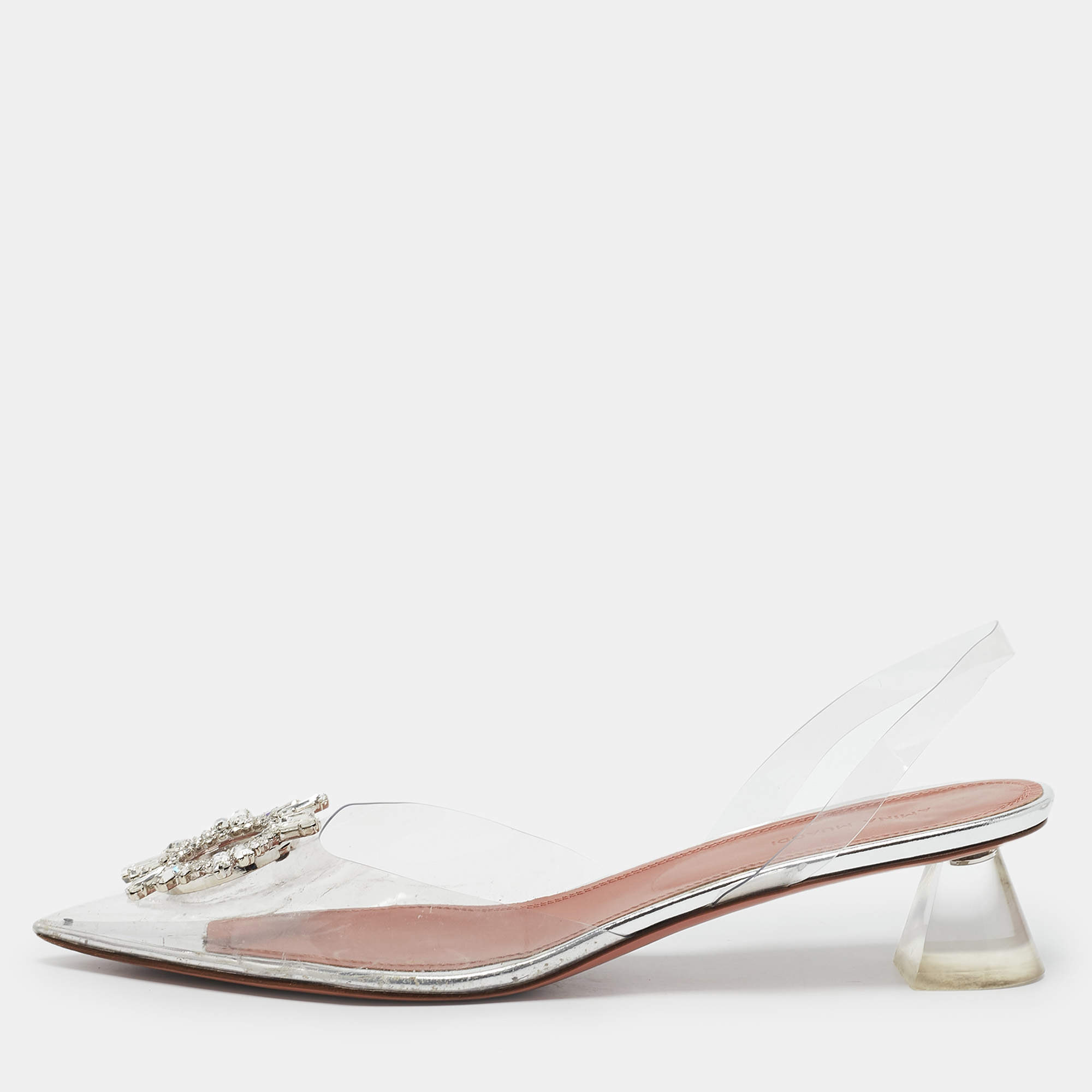 Amina Muaddi Transparent PVC Begum Crystal Embellished Slingback Pumps Size 41