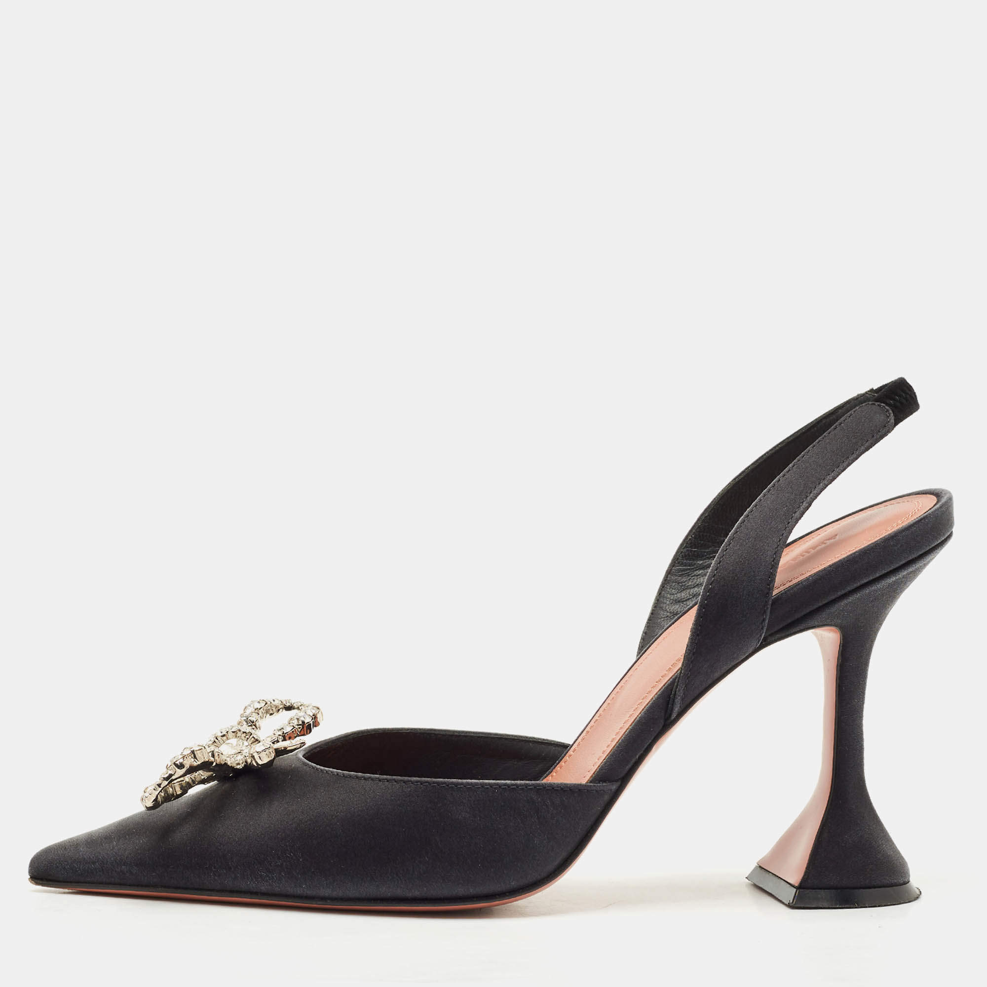 Amina Muaddi Black Satin Begum Crystal-Embellished Slingback Pumps Size 38
