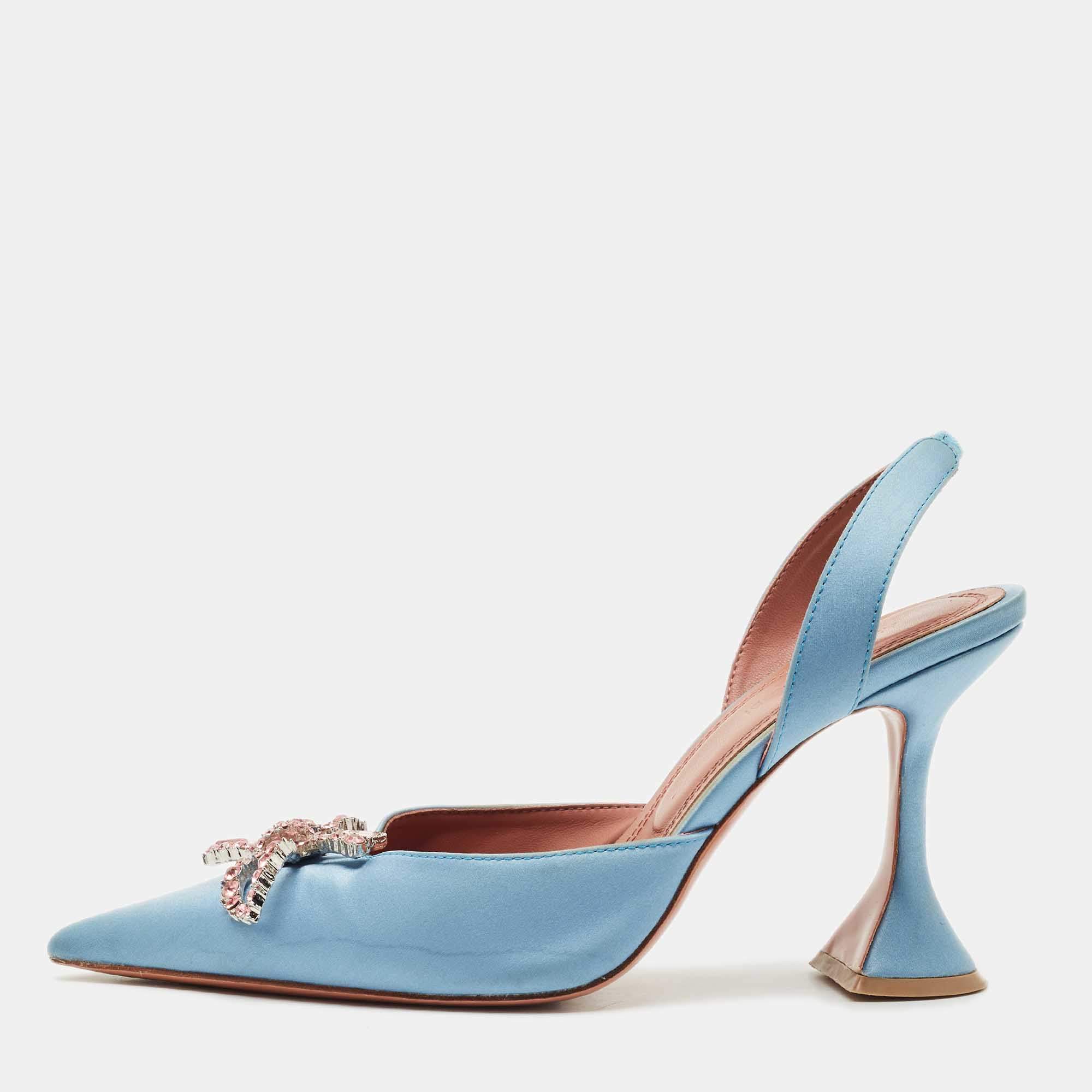 Amina Muaddi Blue Satin Begum Crystal-Embellished Slingback Pumps Size 39