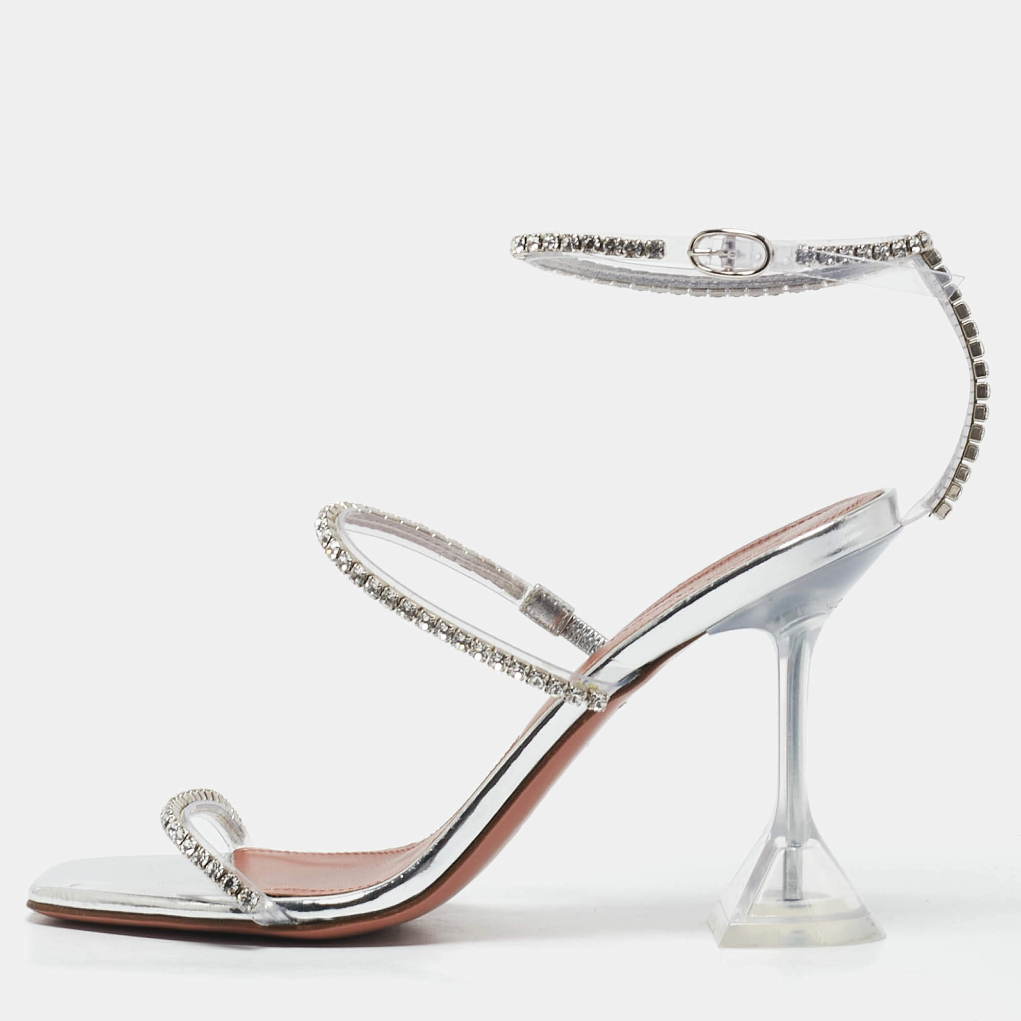 Amina Muaddi Silver Leather Glid Ankle Strap Sandals Size 36