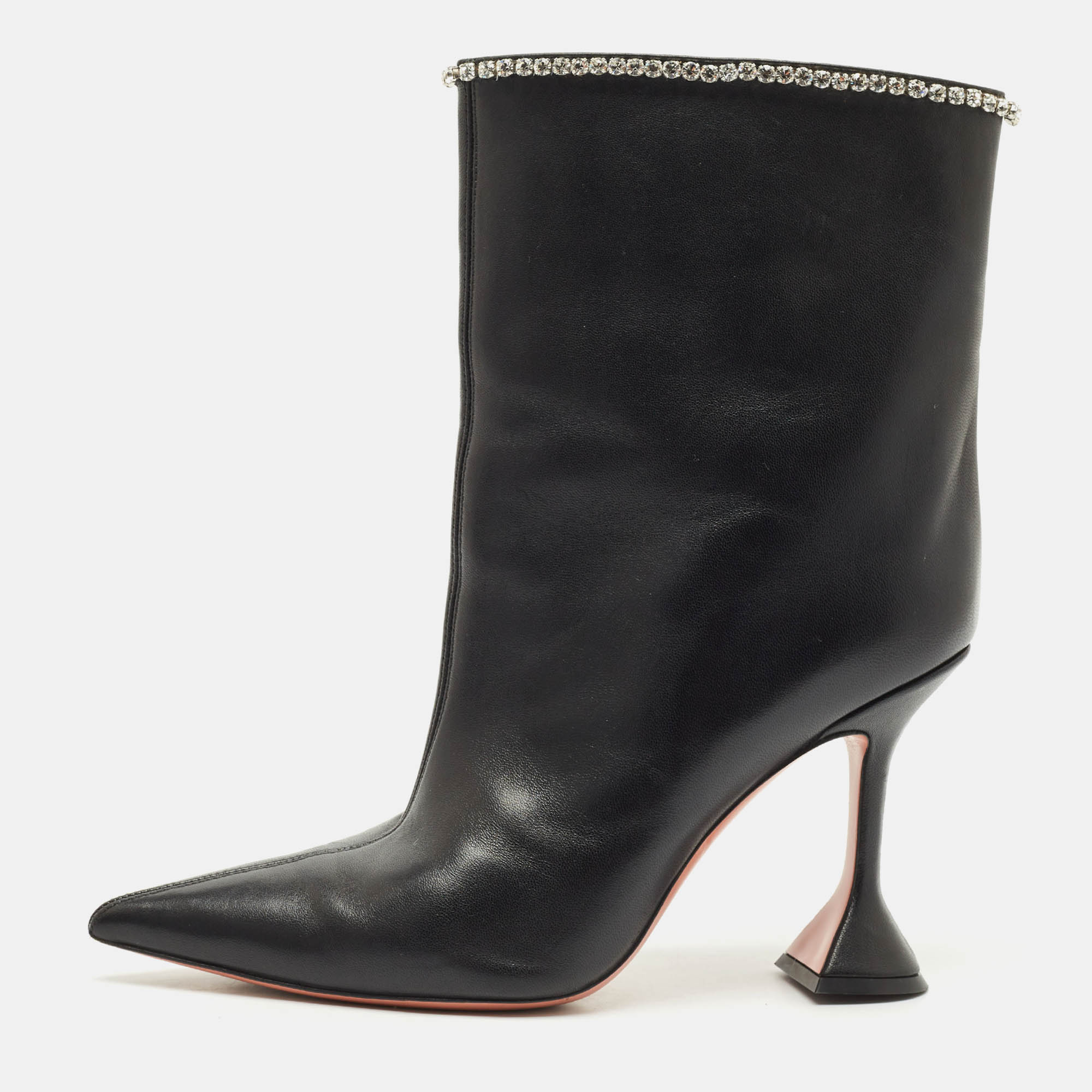 Amina Muaddi Black Leather Crystal Embellished Ankle Length Boots Size 41