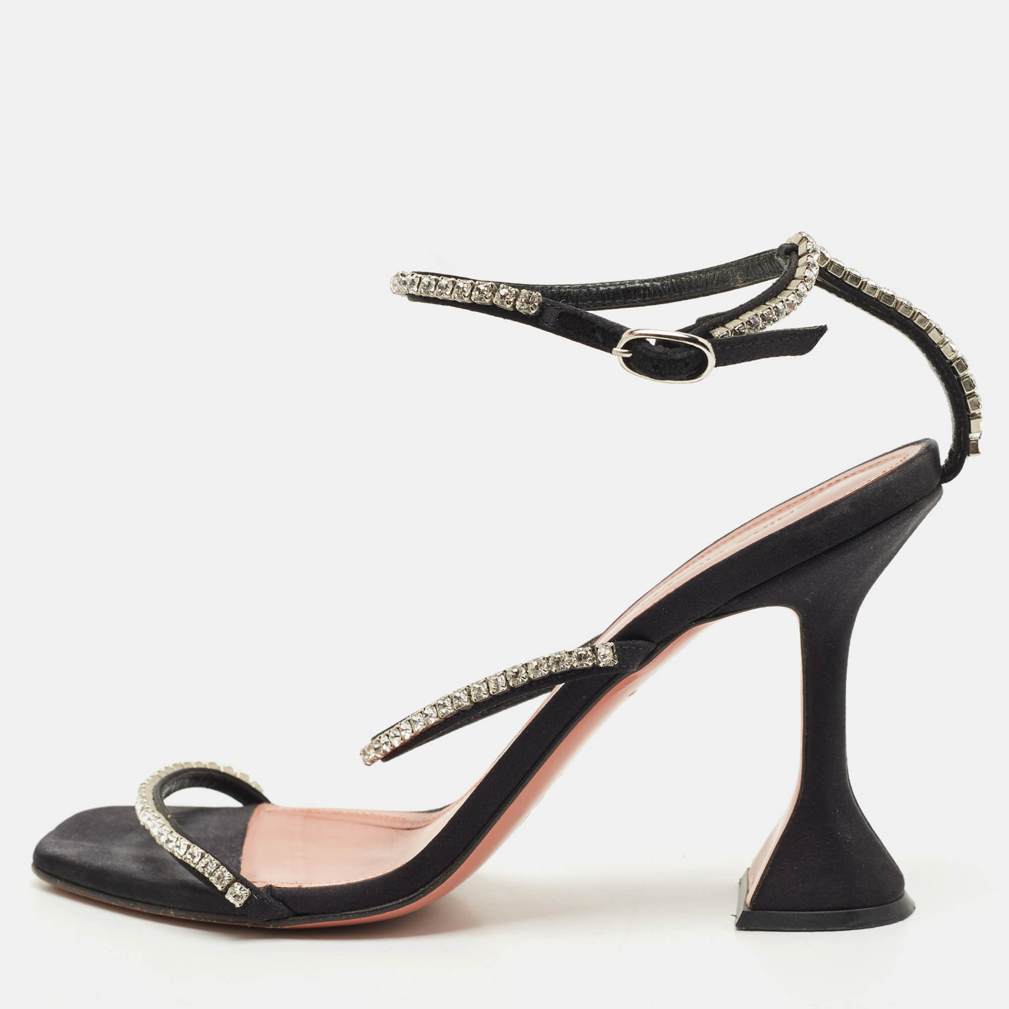 Pre Owned Amina Muaddi Black Satin Glida Crystals Ankle Strap Sandals Size 38.5