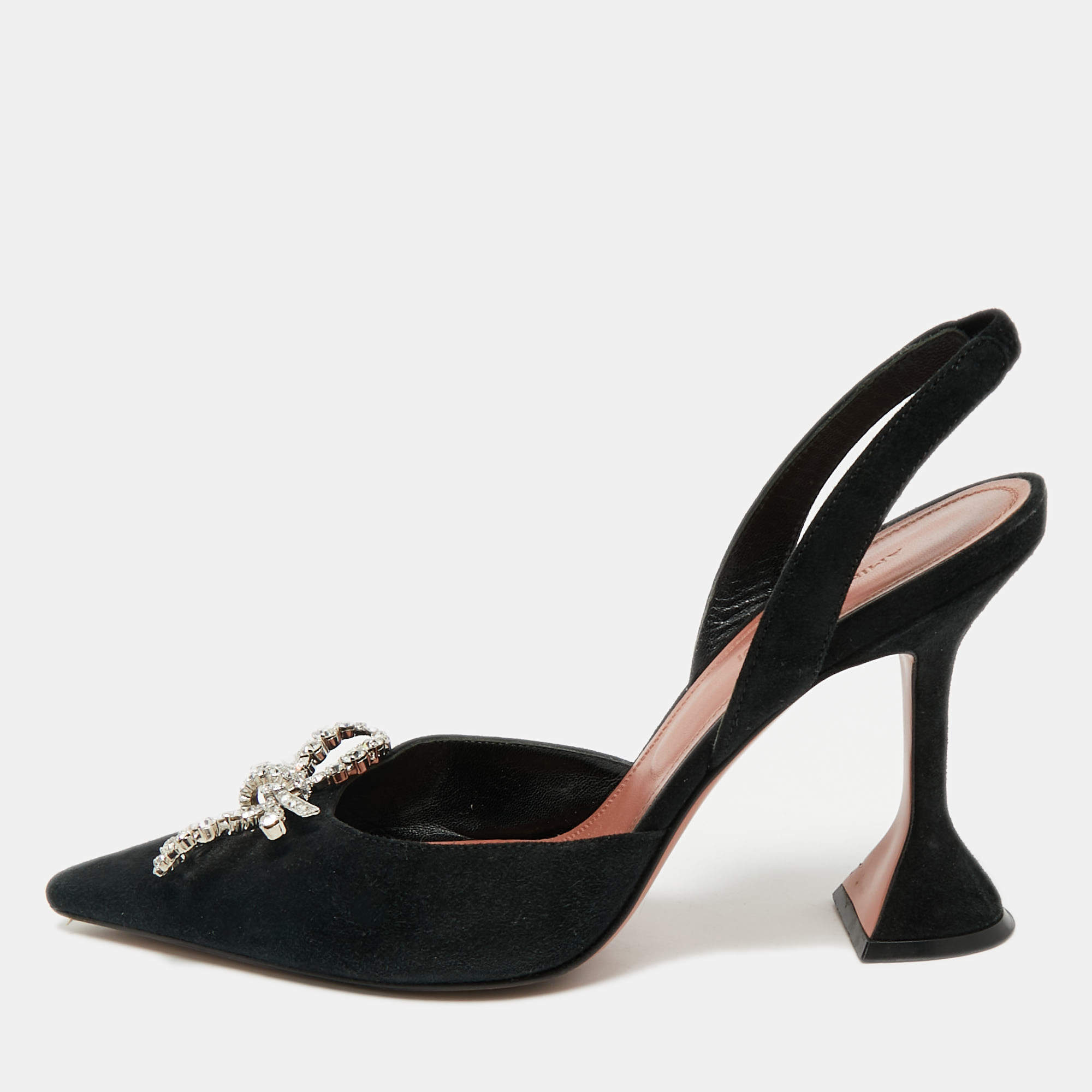 Pre Owned Amina Muaddi Black Suede Begum Crystal-Embellished Slingback Pumps Size 39