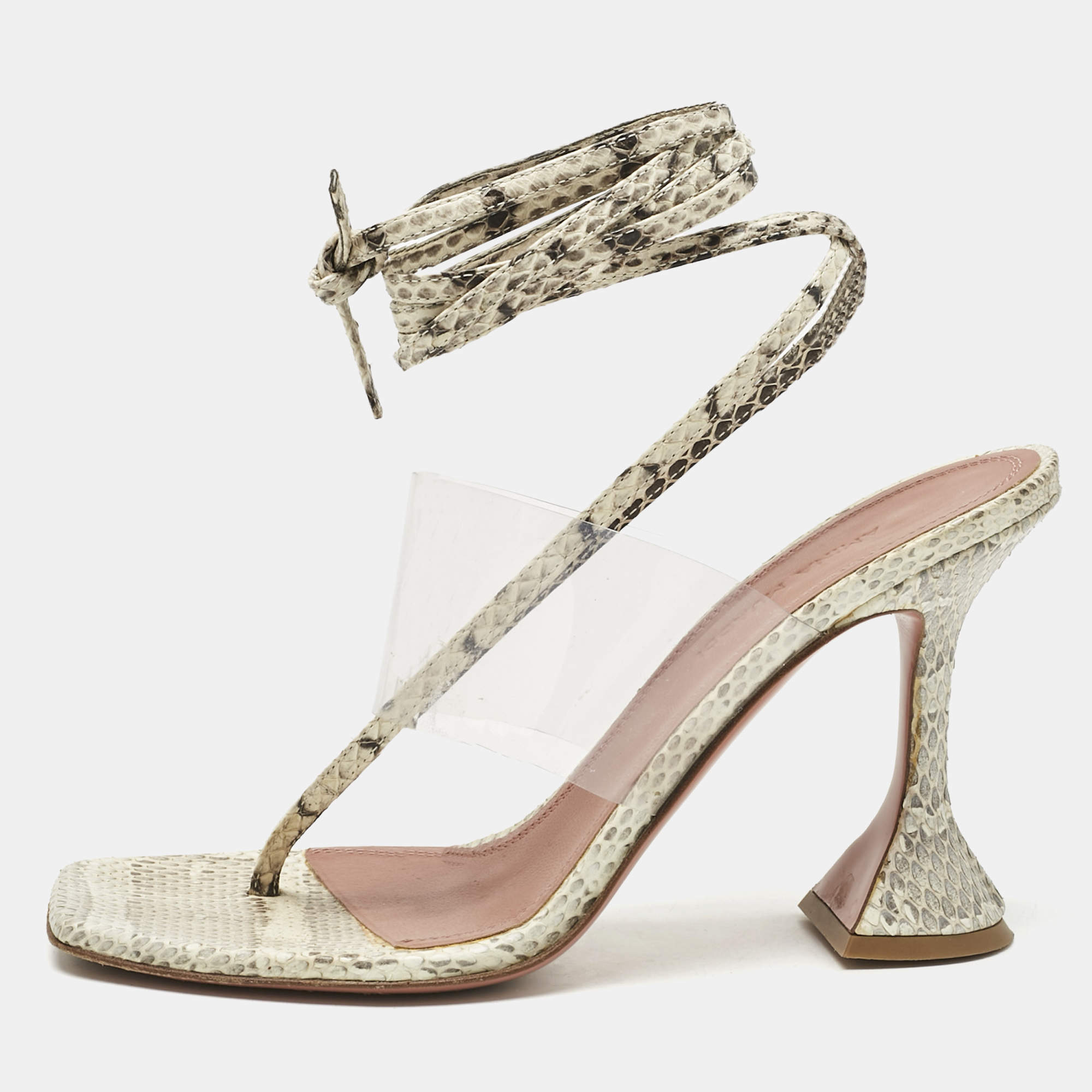 Pre Owned Amina Muaddi Cream/Beige Water Snakes and PVC Zula Sandals Size 37.5