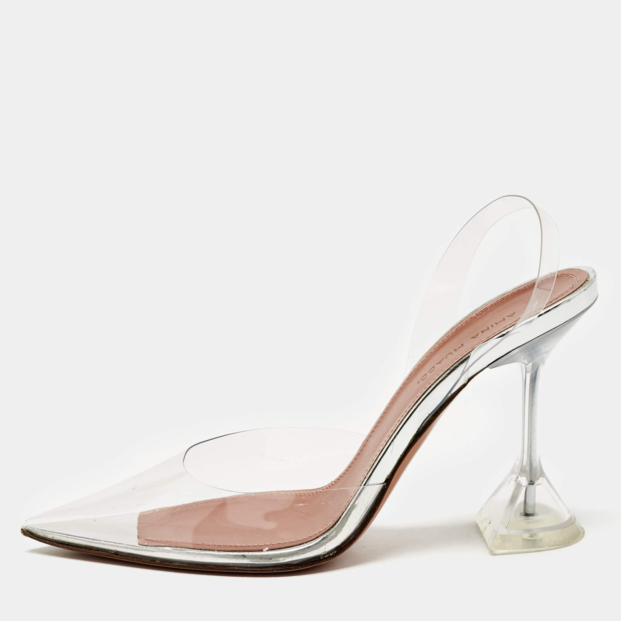 Pre Owned Amina Muaddi Transparent PVC Holli Glass Slingback Pumps Size 35.5