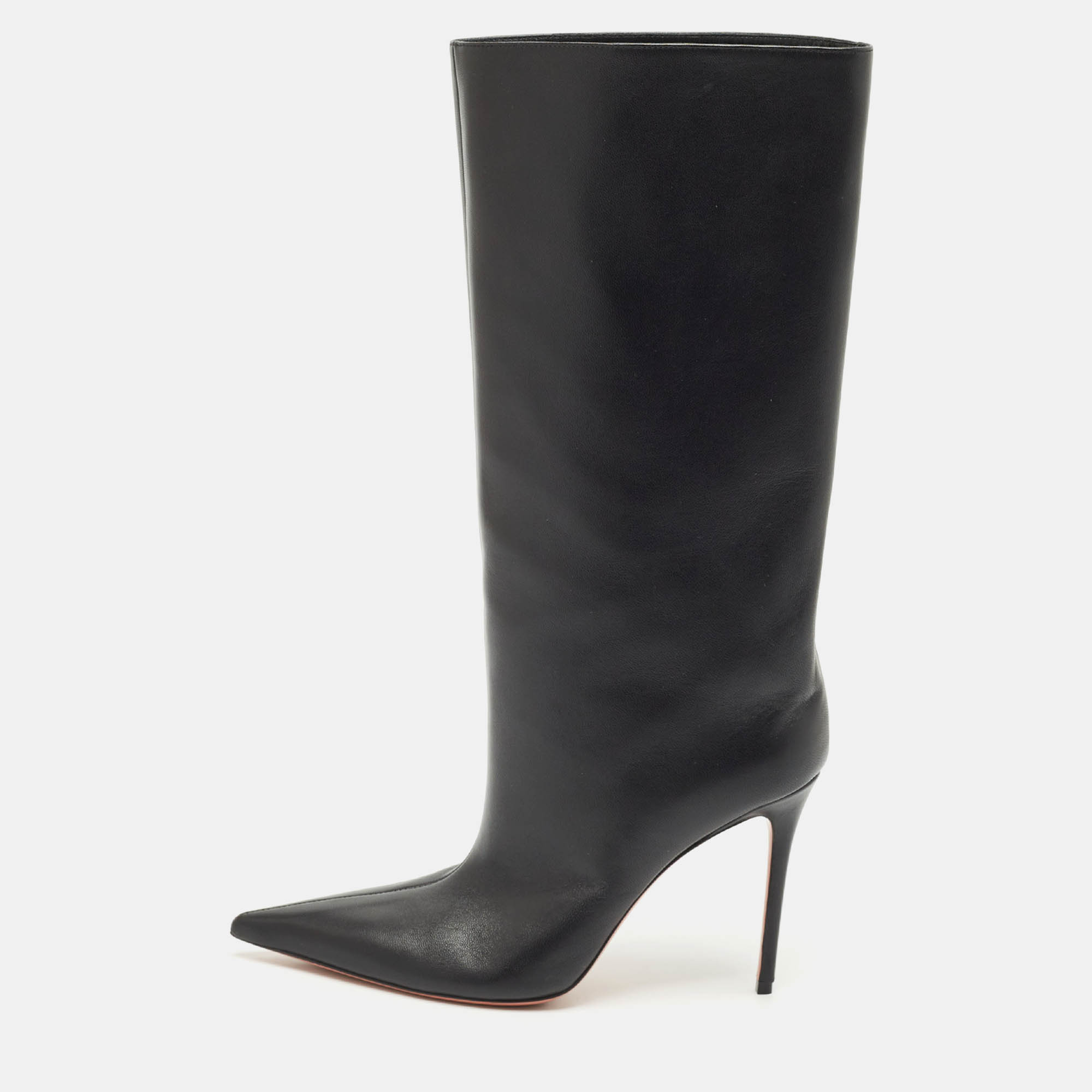 Pre Owned Amina Muaddi Black Leather Mid Calf Boots Size 39