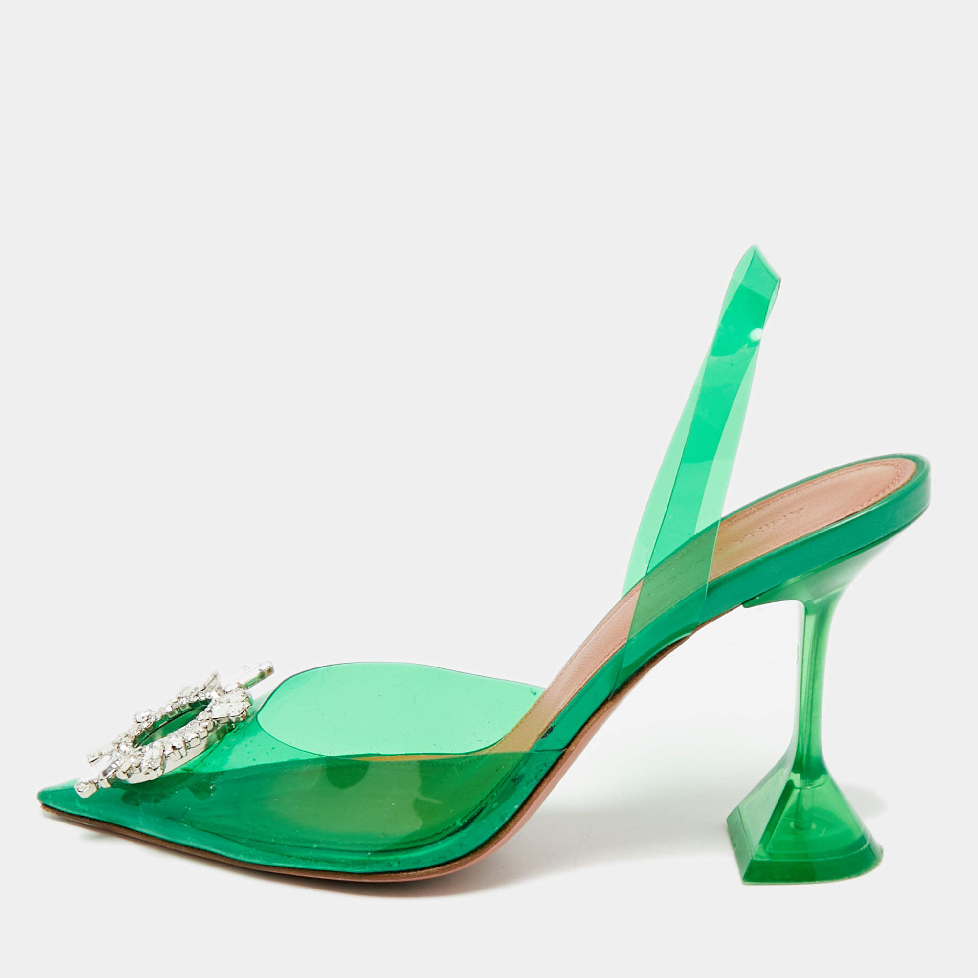 Pre Owned Amina Muaddi Green PVC Begum Crystal-Embellished Slingback Pumps Size 38.5