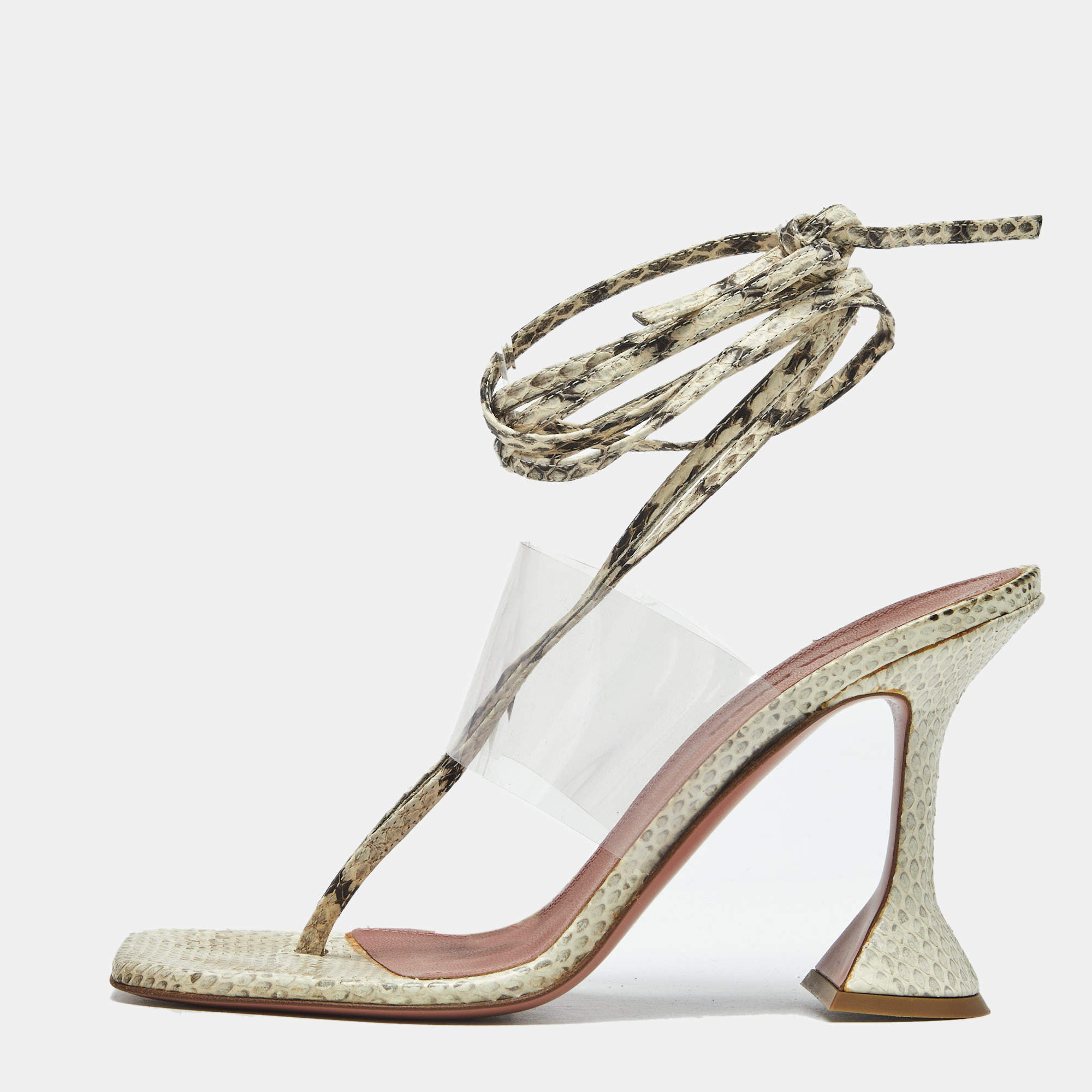 Pre Owned Amina Muaddi Cream/Beige Water Snakes and PVC Zula Sandals Size 38.5