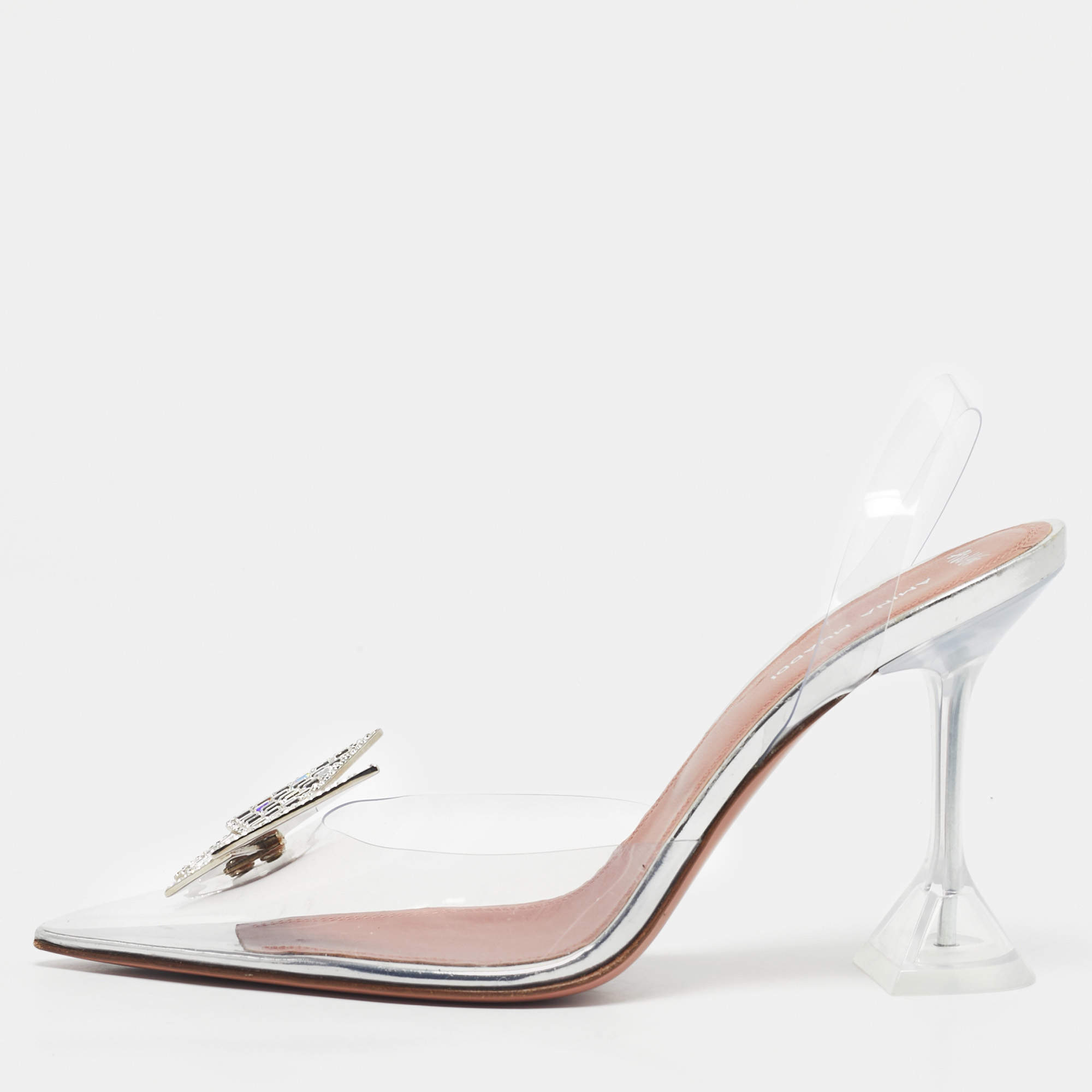 Pre Owned Amina Muaddi Transparent PVC Begum Crystal Embellished Pointed Toe Pumps Size 39