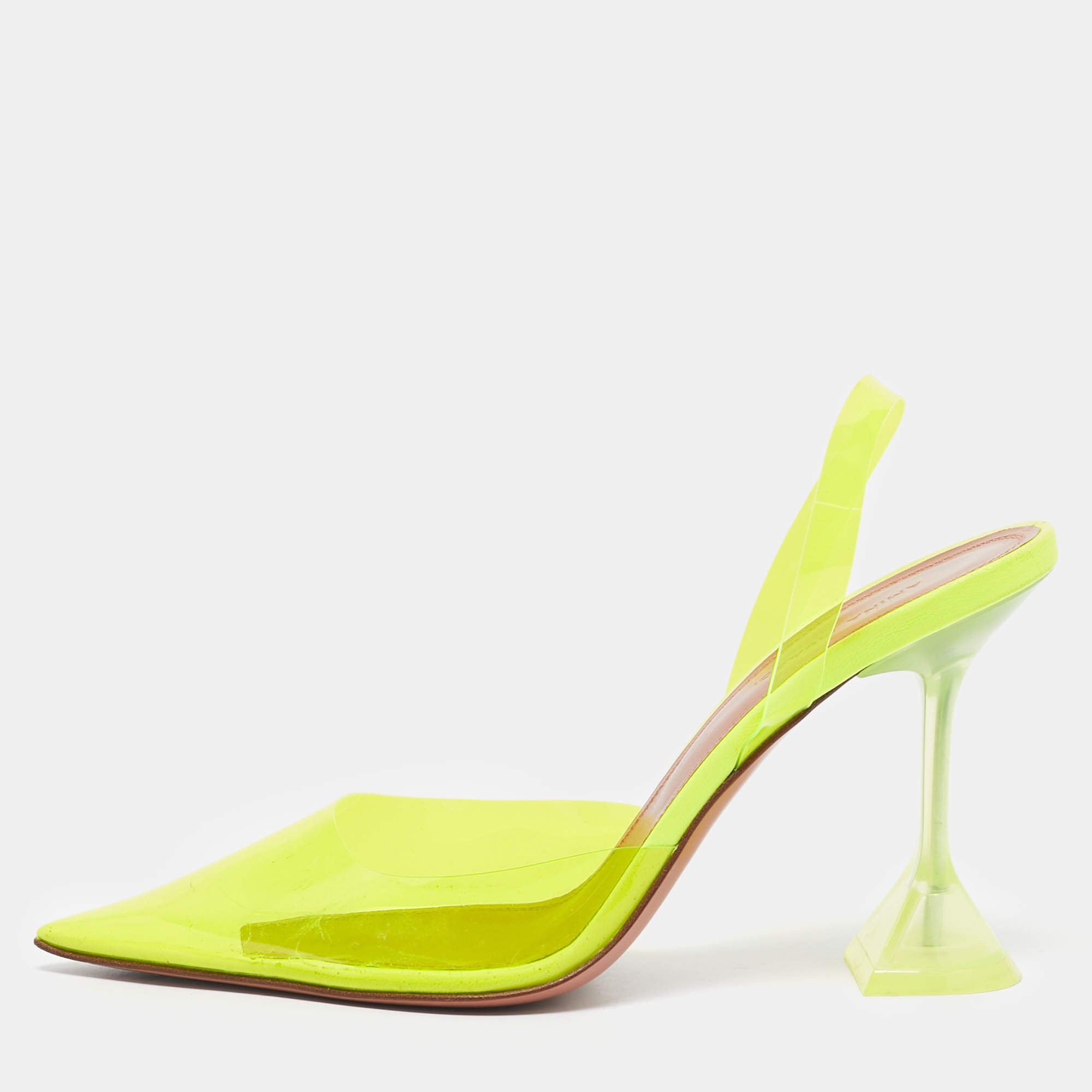 Pre Owned Amina Muaddi Neon Yellow PVC Holli Glass Slingback Pumps Size 38