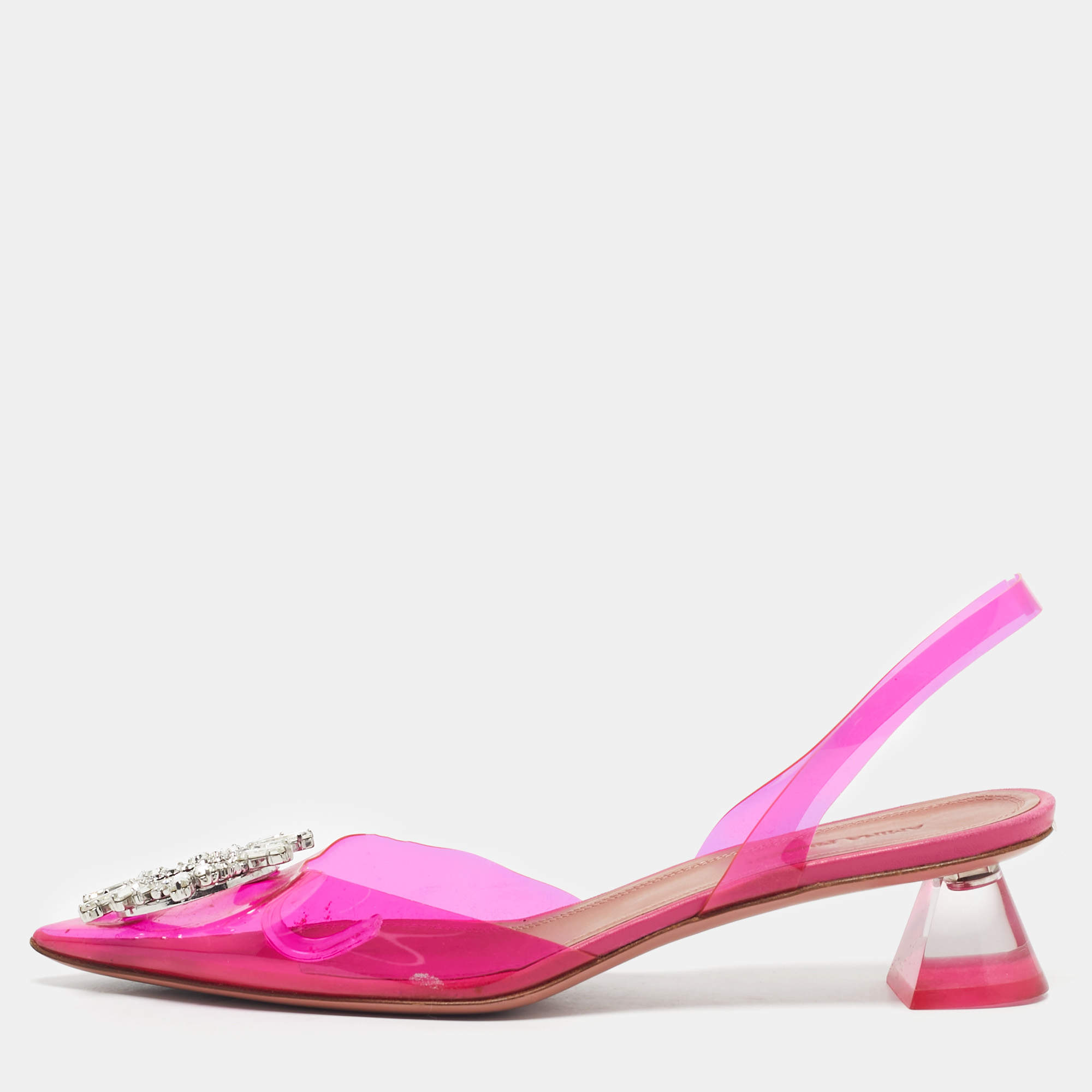 Pre Owned Amina Muaddi Pink  PVC Rosie Pointed Toe Slingback Pumps Size 37