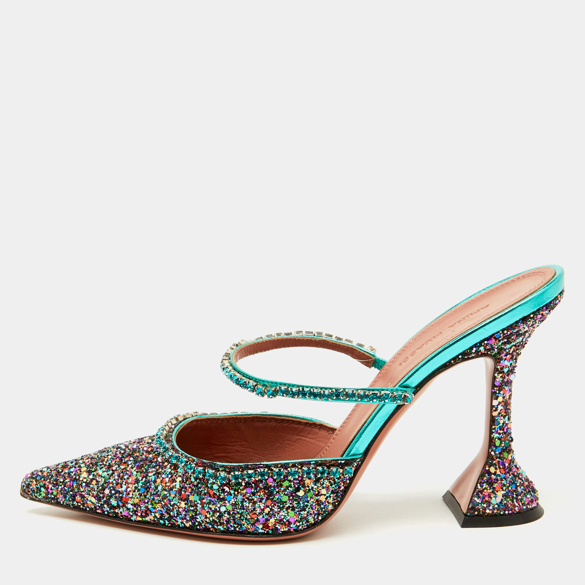 Pre Owned Amina Muaddi Multicolor Glitter Gilda Crystal Embellished Mules Size 38.5