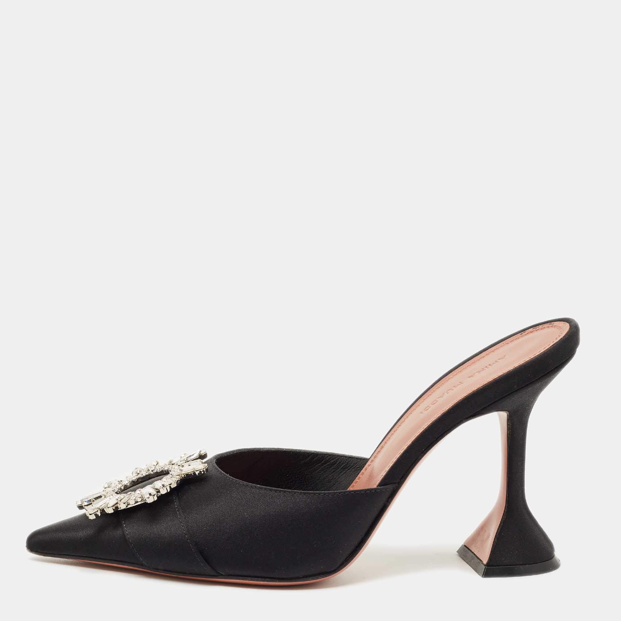 Pre Owned Amina Muaddi Black Satin Begum Mules Size 38